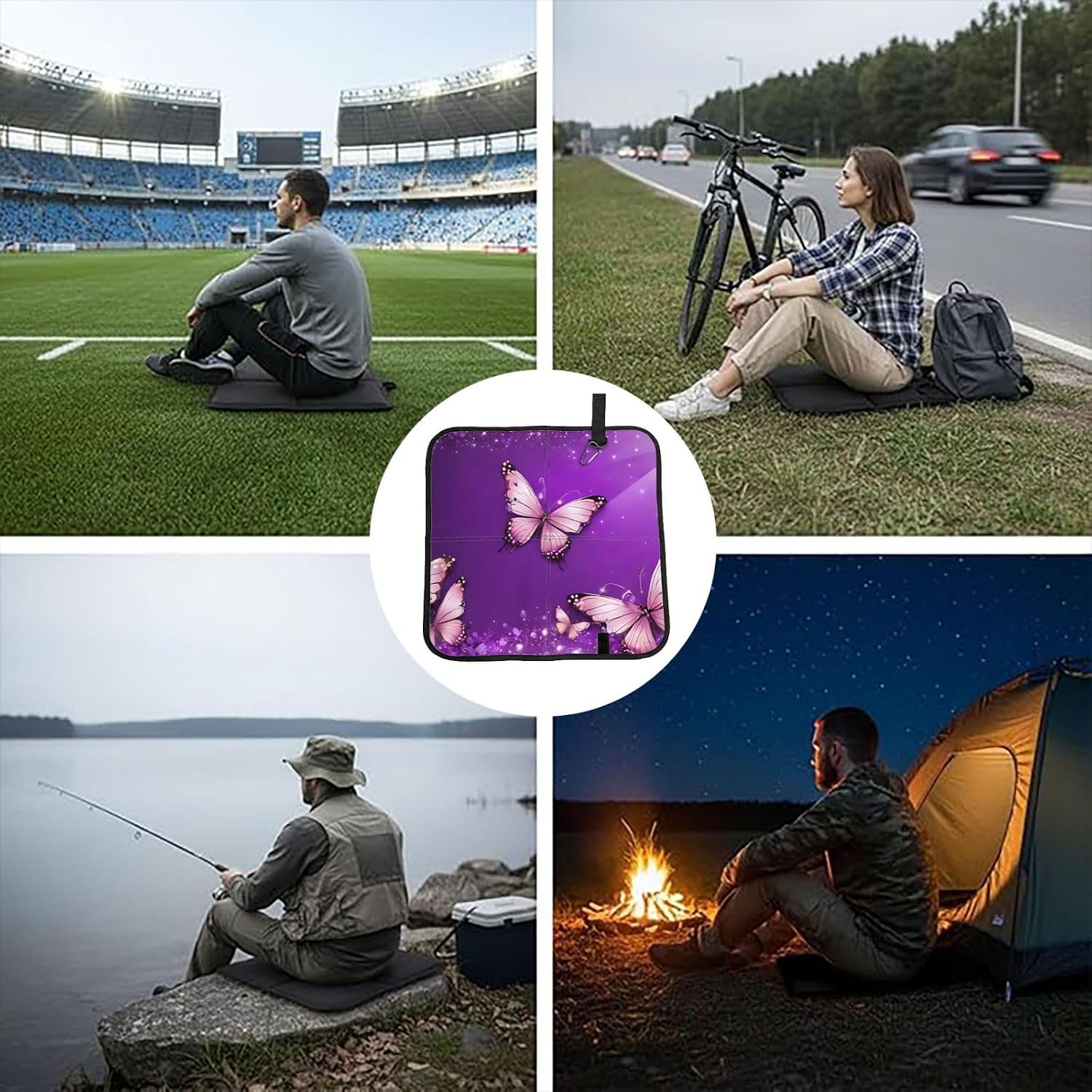 (Purple Butterflies) Sitting Pad Foldable Seat Cushion Lightweight Camping Seat Mat with Hook for Outdoor Hiking Picnic Camping