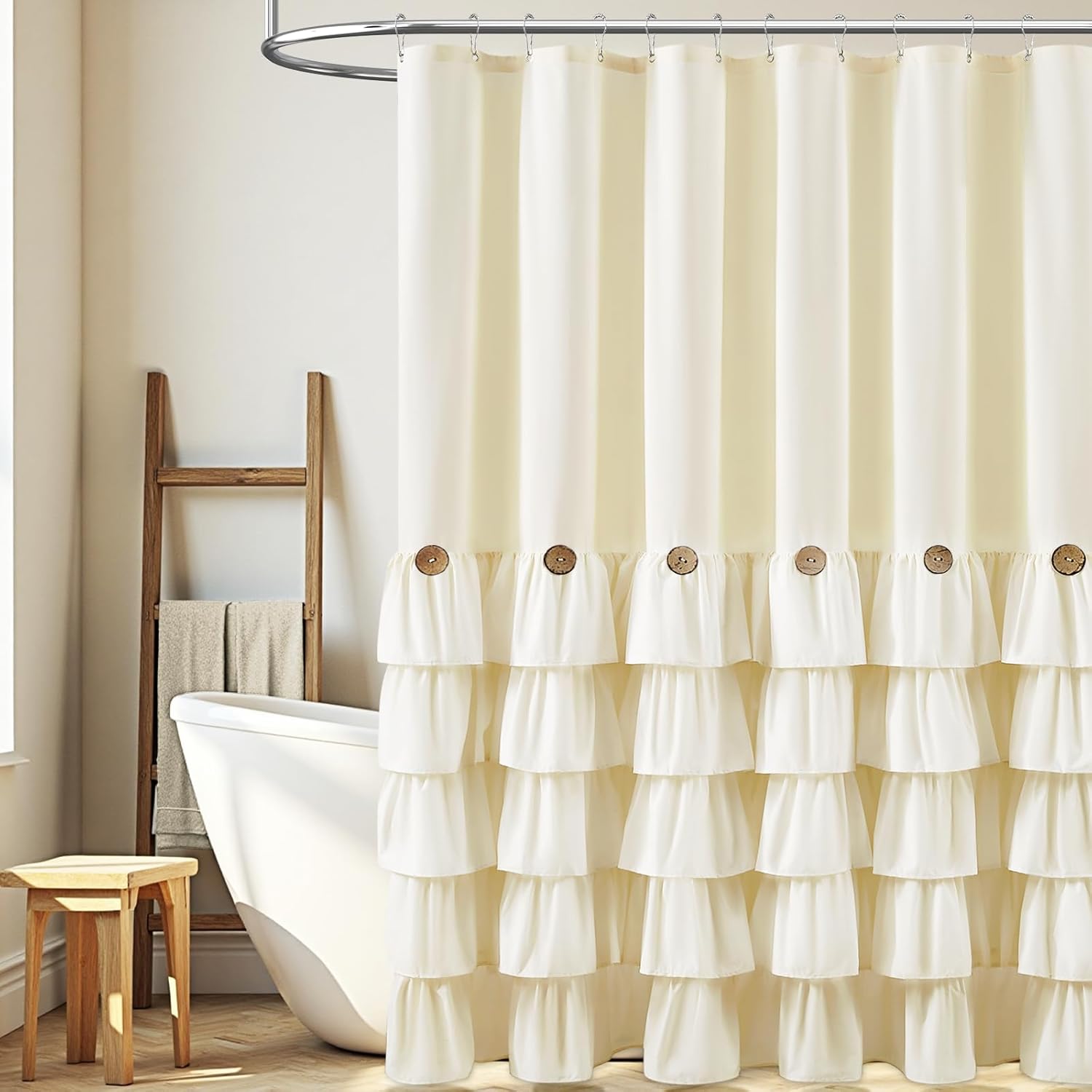 BTTN 78 Inch Long Ruffle Shower Curtain - Farmhouse Vintage Fabric Boho Shower Curtain Set with Buttons, Tall Cute Shabby Chic Shower Curtains with 12 Plastic Hooks for Bathroom - 72x78, Cream/Beige