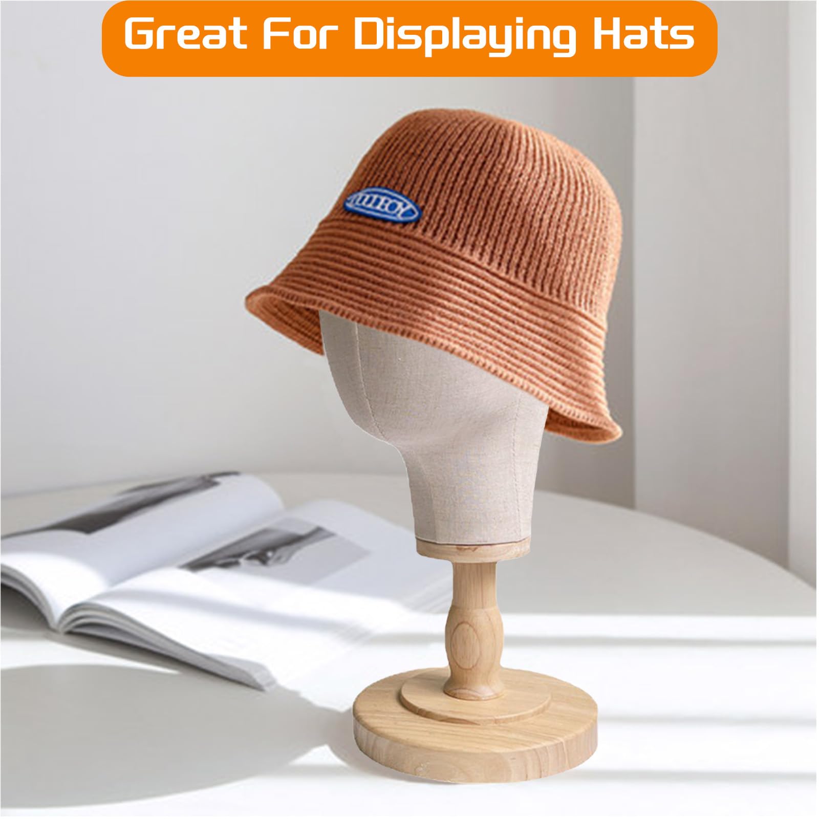 Tête Mannequin Toile 21 Pouces Support Chapeau Amovible Dôme Base Bois Présentoir Chapeaux