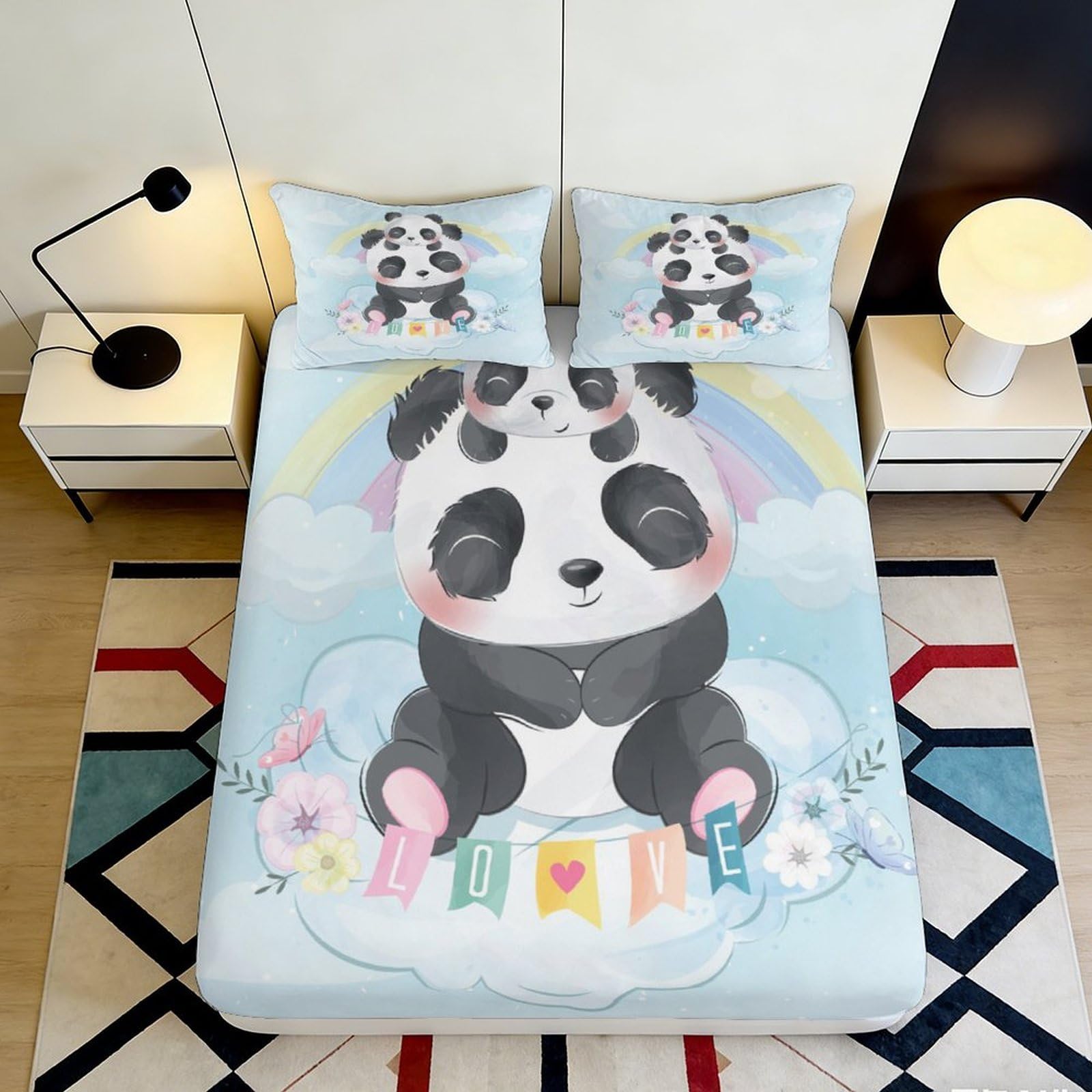 Pnayamiorkfel Style-1 3D Printed Cute Panda Fitted Sheet Microfiber Soft Anti-Slip Rainbow Bed Cover For Bedroom Dorm Decoration Mattress Protection 90X200x25cm