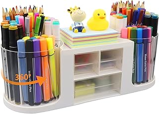 Rotating Desk Organizers with 2 Pen Holders, Pencil Caddy Holders, 3 Drawers and 10 Slots Pencil Holder Desk Storage Organ...