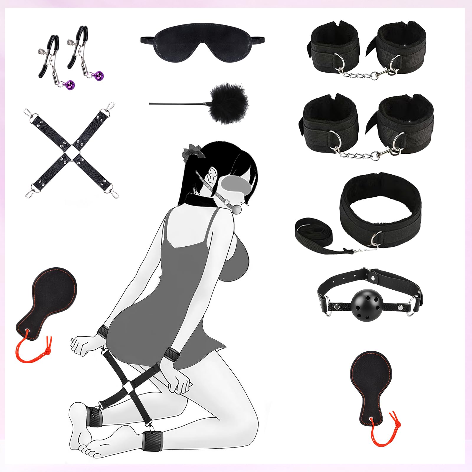 Kit BDSM Bondage 26 Pièces Qoosea pour Couples Menottes Réglables Entraves Cheville Collier avec Set de Plug Anal Pinces à Tétons Fouet Cache-yeux Boule Baillon Jouets Vibrants pour Jeu Sensuel Adulte