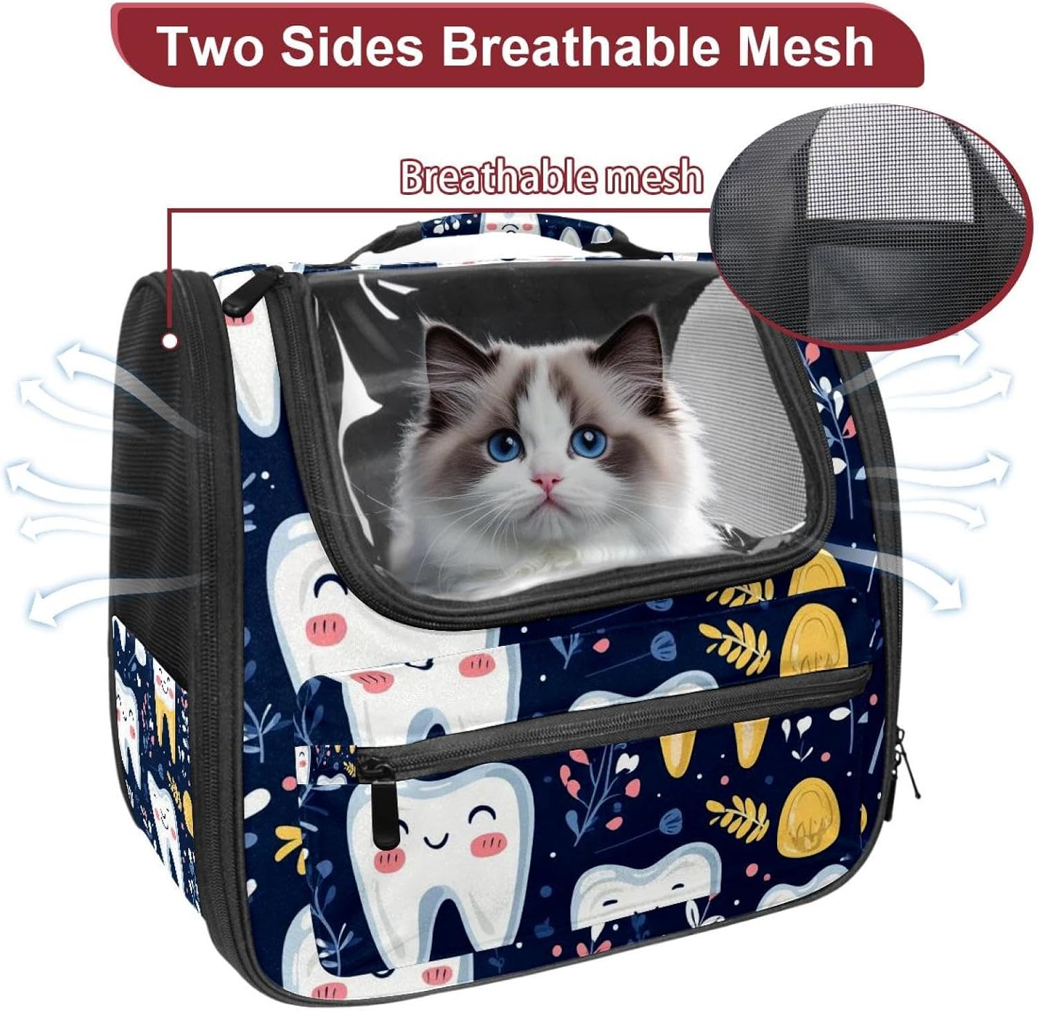 Cute Teeth Pet Carrier Airline Approved Soft Sided Portable Cozy Travel Pet Bag, Car Seat Safe Carrier for Cats and Dogs