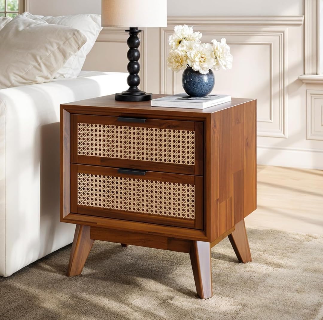 Relina Home Decor Nightstand with Cane Drawer Fronts, 2 Drawers,Assembled-Mid Century Modern Side Table,Multipurpose use for Living Room Natural Finish
