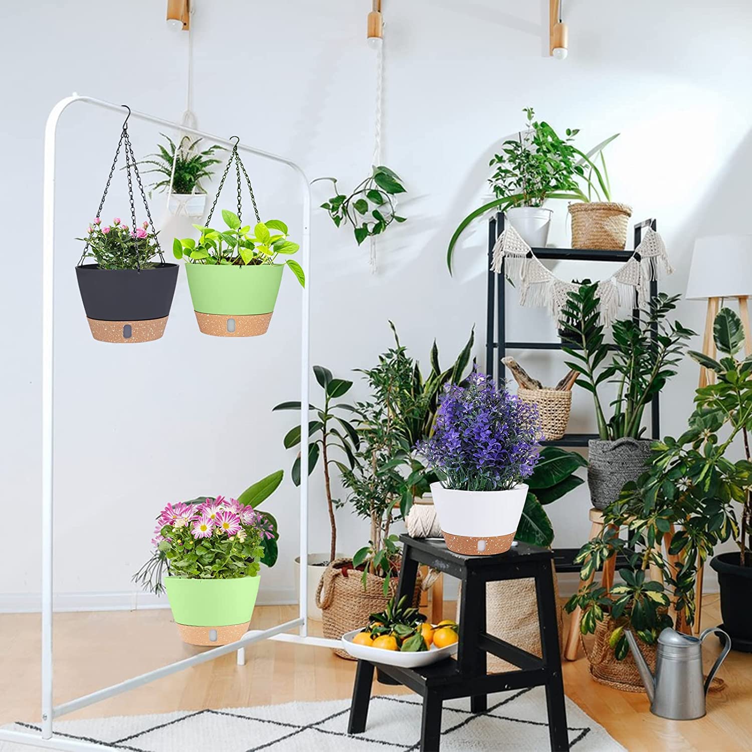 LATERN 3 Piezas Maceta Colgante de Plástico, 25CM Macetas de Autorriego Cesta Colgante para Plantas Flores Hierbas Suculentas - con Bandeja de Nivel de Agua Visible, Drenaje Orificio, Cadena Ganchos