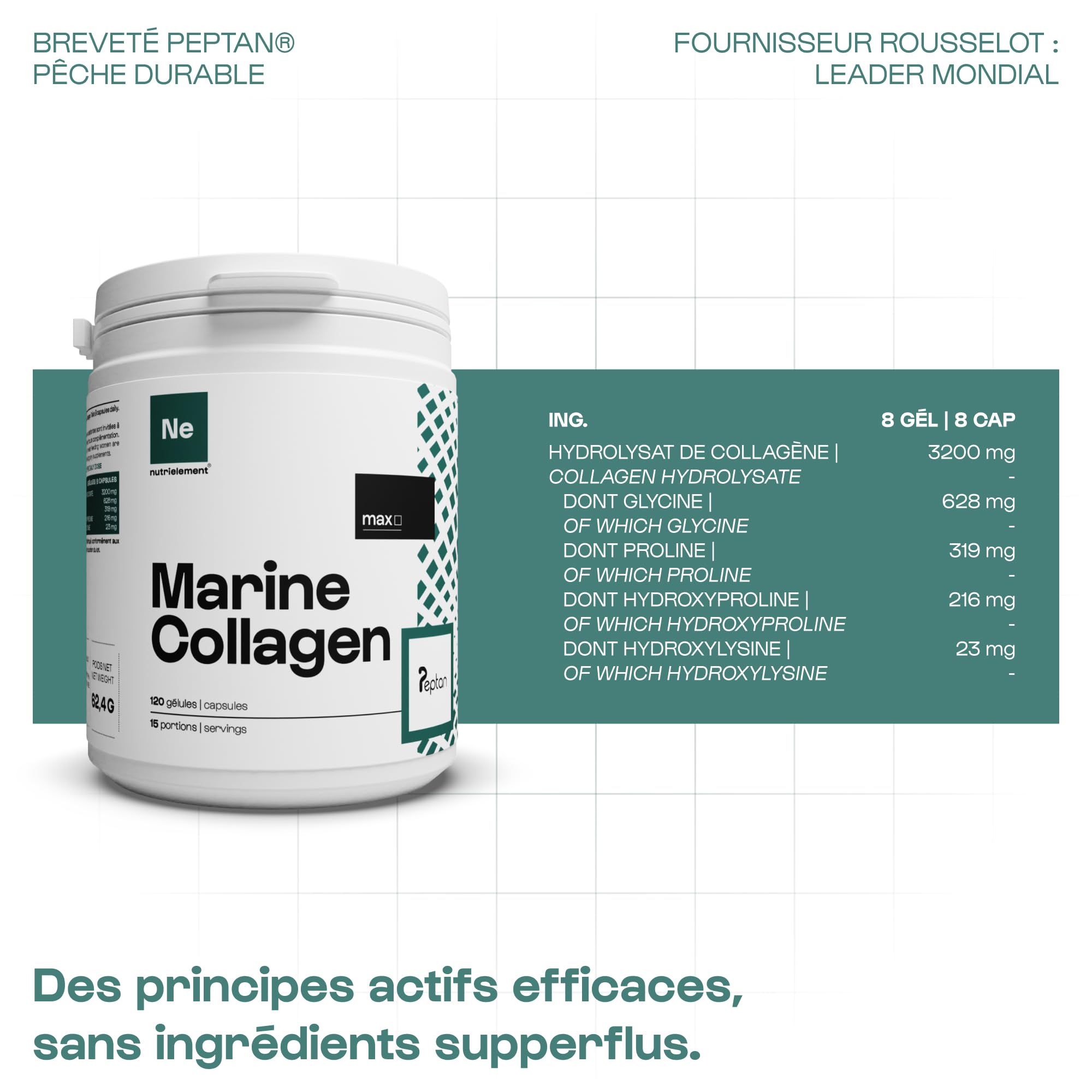 Collagène Marin Peptide Peptan Type 1-120 Gélules - Collagène hydrolysé - Contribue à la santé des cheveux, articulations, os - Favorise la jeunesse de la peau | Nutrielement By Nutrimuscle