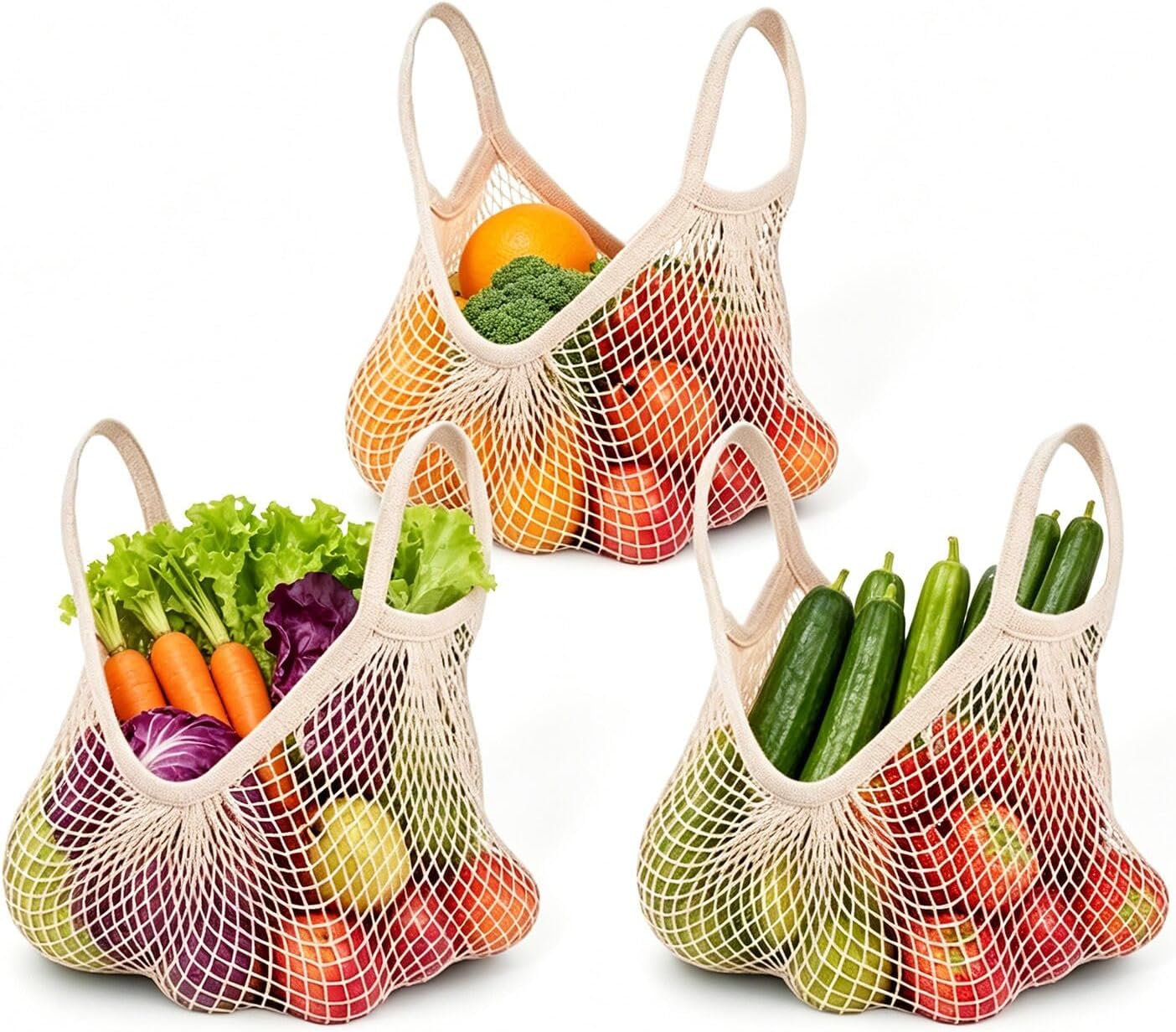 Ahyuan Reusable Cotton Mesh Grocery Bags Cotton String Bag Net Shopping Mesh Bags Pack of 3 (Beige)