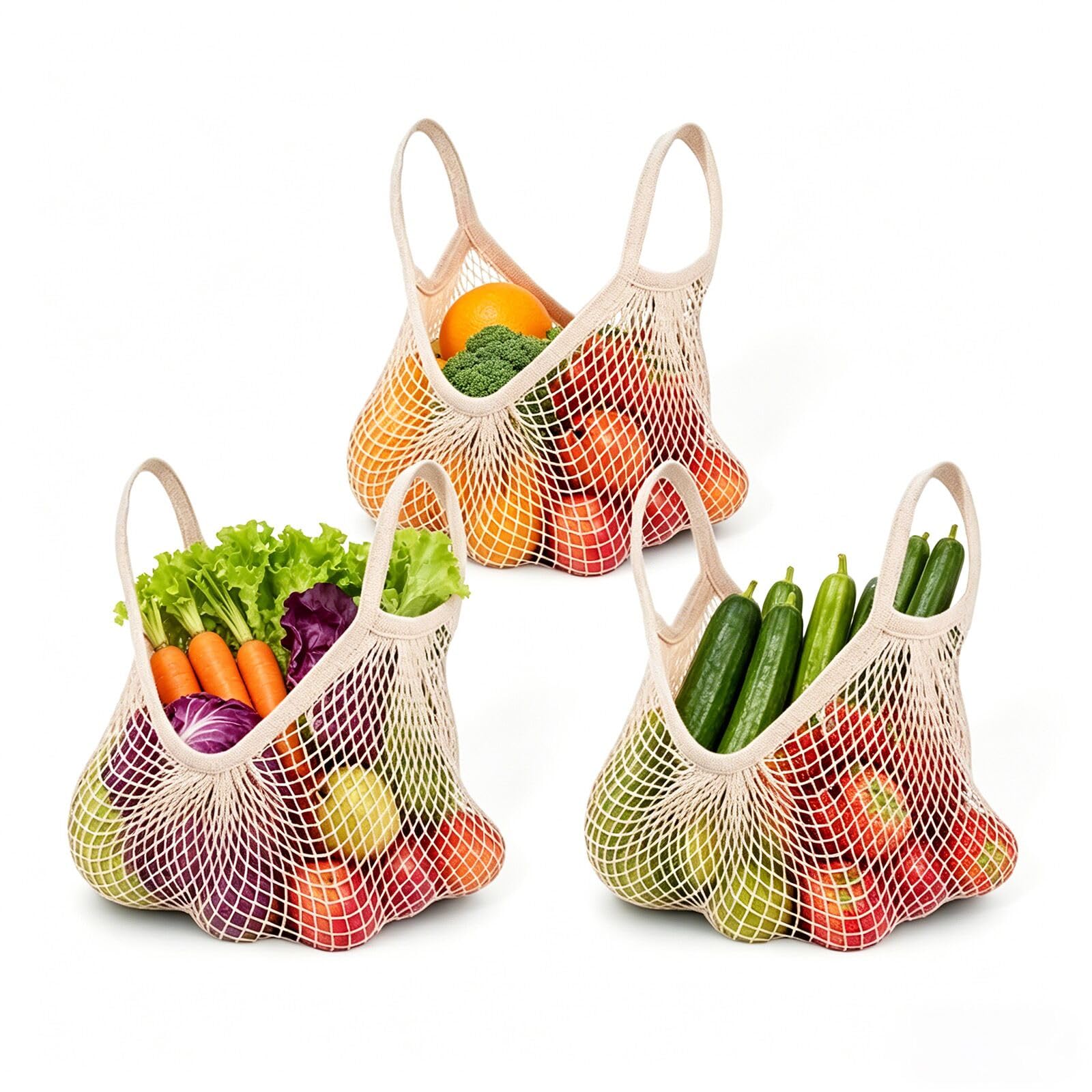 Photo 1 of Ahyuan Reusable Cotton Mesh Grocery Bags Cotton String Bag Net Shopping Mesh Bags Pack of 3 (Beige)