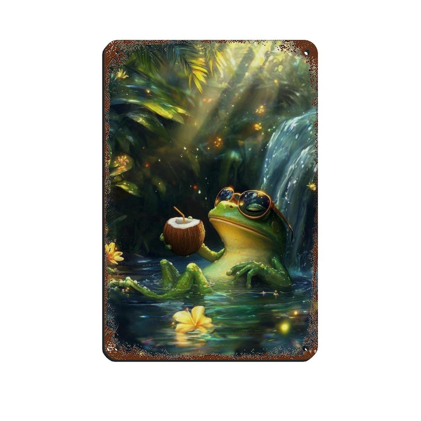 Cool Frog Drinking Coconut Retro Poster Metal Tin Sign Chic Art Retro Iron Painting Bar People Cave Cafe Family Garage Poster Wall Decoration 8x12inch(20x30cm)