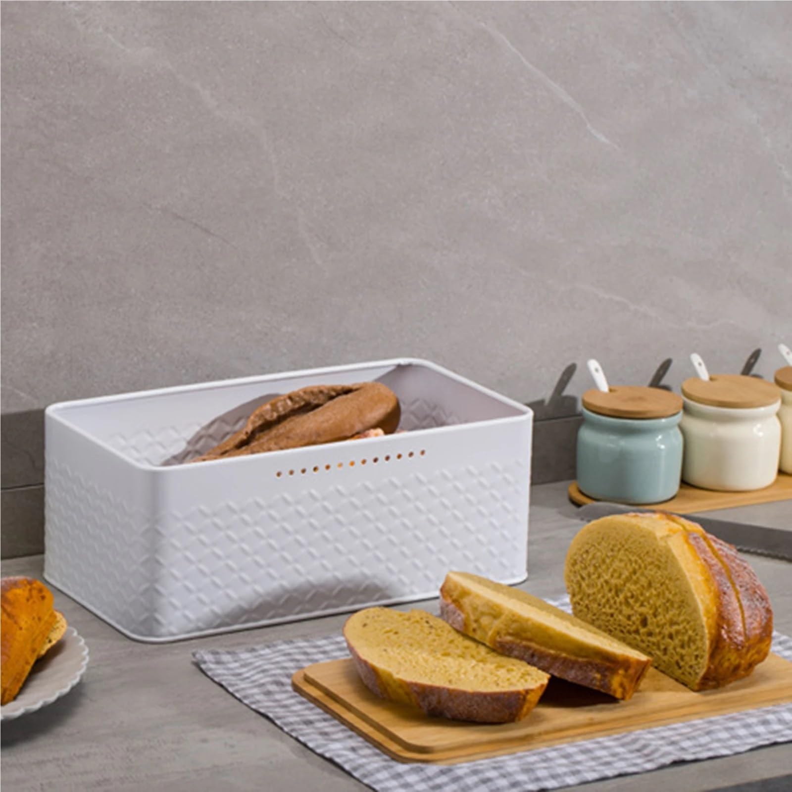 Panera Caja de pan de Metal, contenedor de almacenamiento de pan con tapa, contenedor de almacenamiento de alimentos for cocina, encimera, hogar(WHITE)