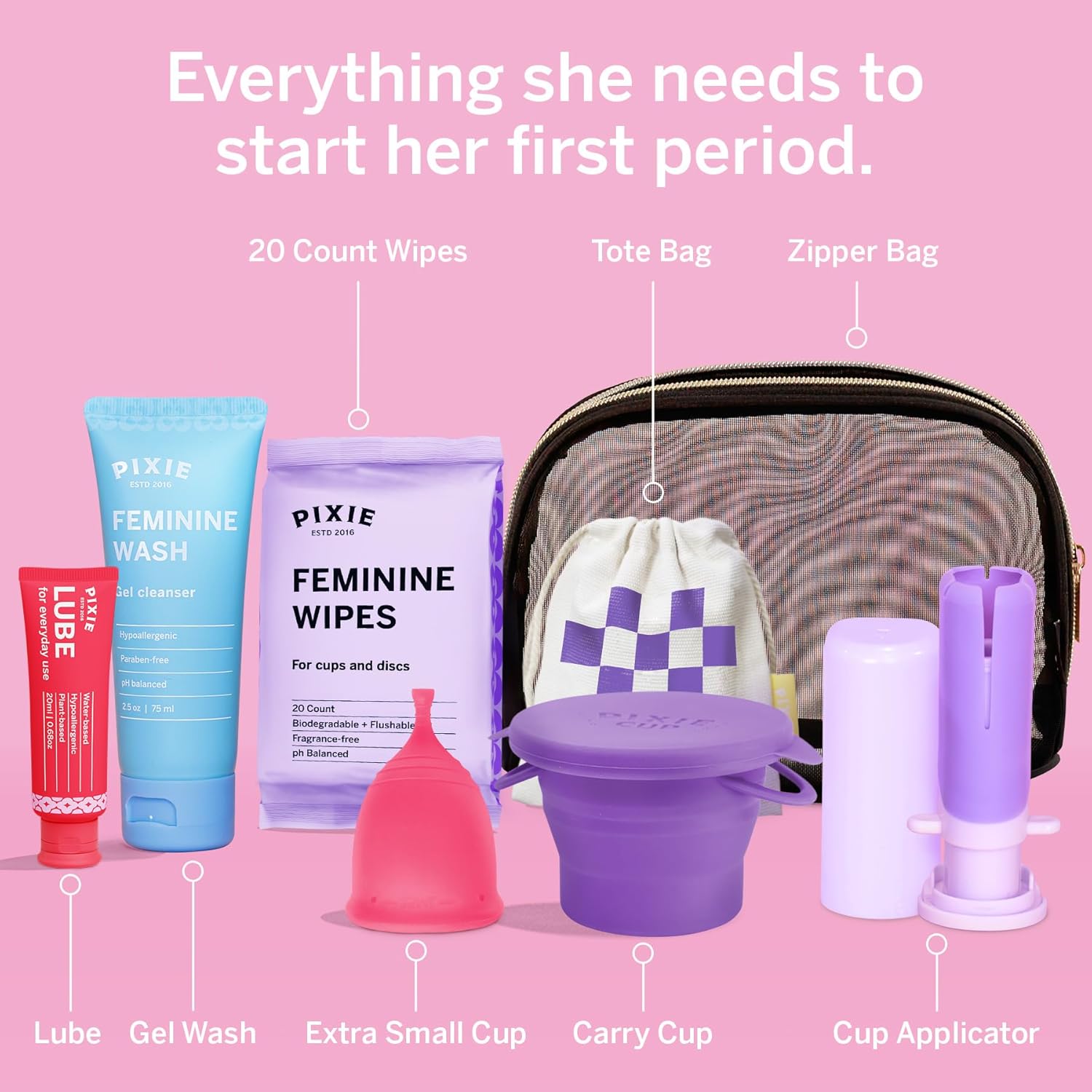Pixie Cup Teen Menstrual Cup Kit - Best First Period Cup Starter Kit - Wash, 20 Wipes, Lube, Public Restroom Carry Cup & Storage Bag - Proven to Be What You Need to Become A Successful Cup User
