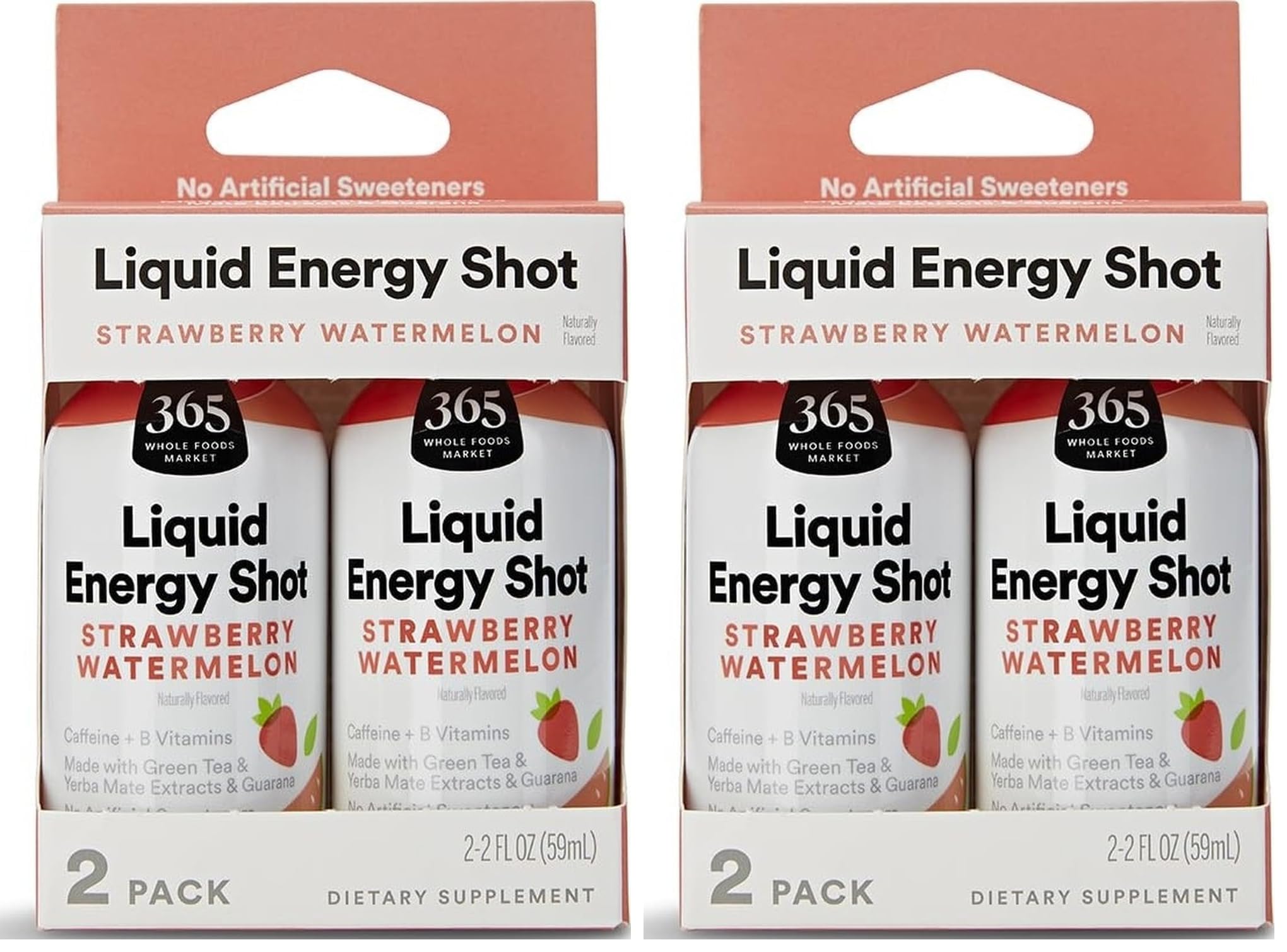 365 by Whole Foods Market, Shot de Energia Sabor Morango e Melancia, 60 mL, Pacote com 4
