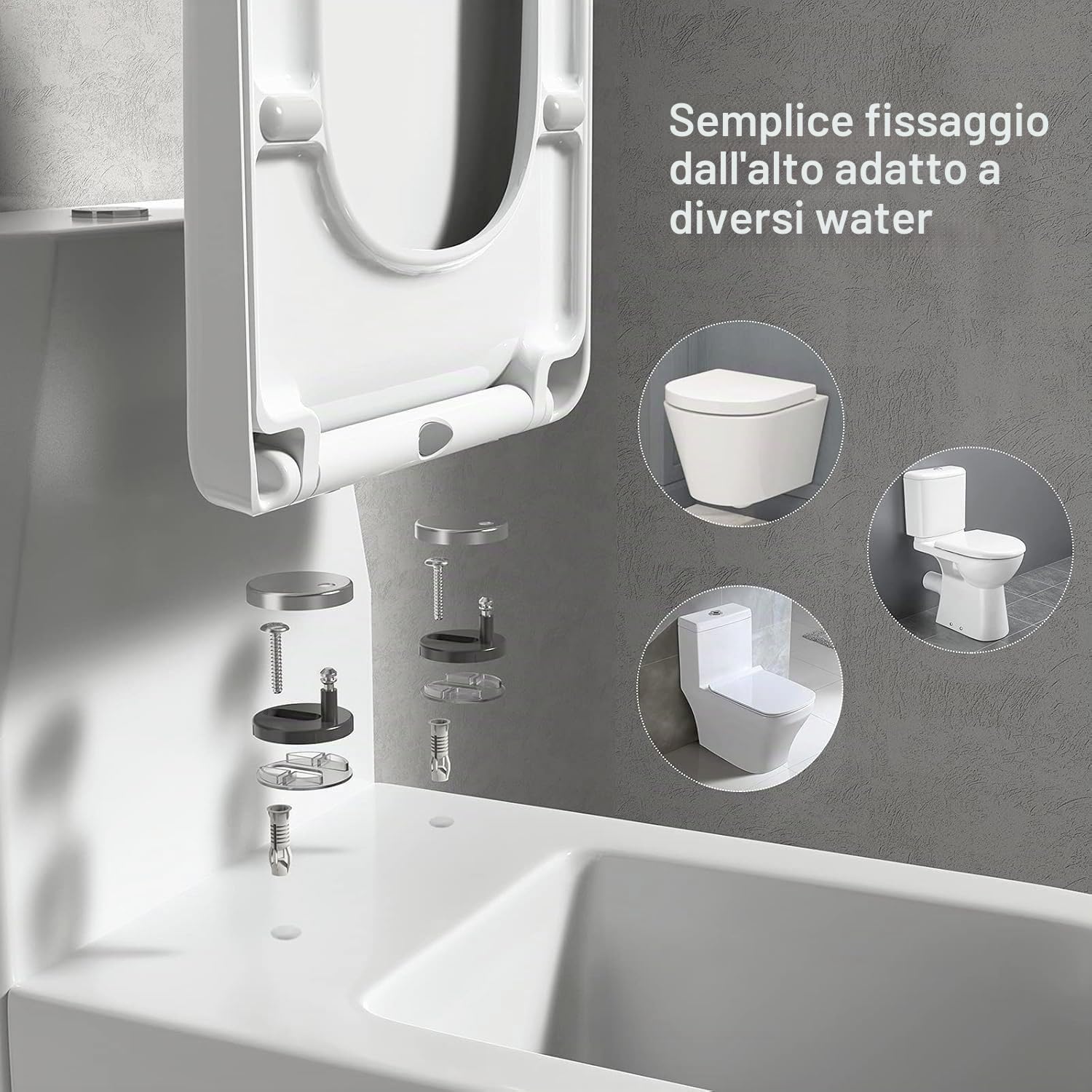 Pipishell Sedile WC quadrato, con chiusura morbida, colore bianco, con chiusura rapida, fissaggio semplice, resistente e antibatterico, con cerniere regolabili in acciaio inossidabile