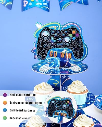 Vista 33 de Soporte para cupcakes de videojuegos – Suministros de fiesta de videojuegos para niños, jugadores, cumpleaños, 3 niveles, soporte para cupcakes