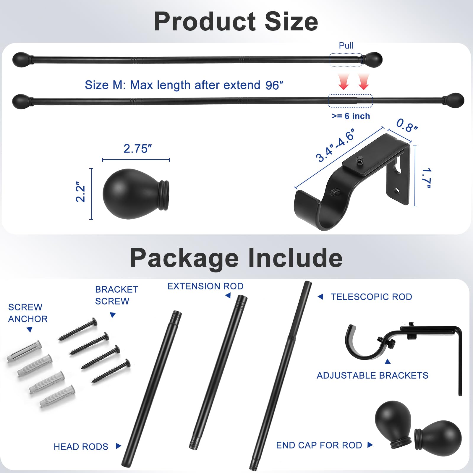 Black Curtain Rods - 48-84 Inch, Heavy Duty -2