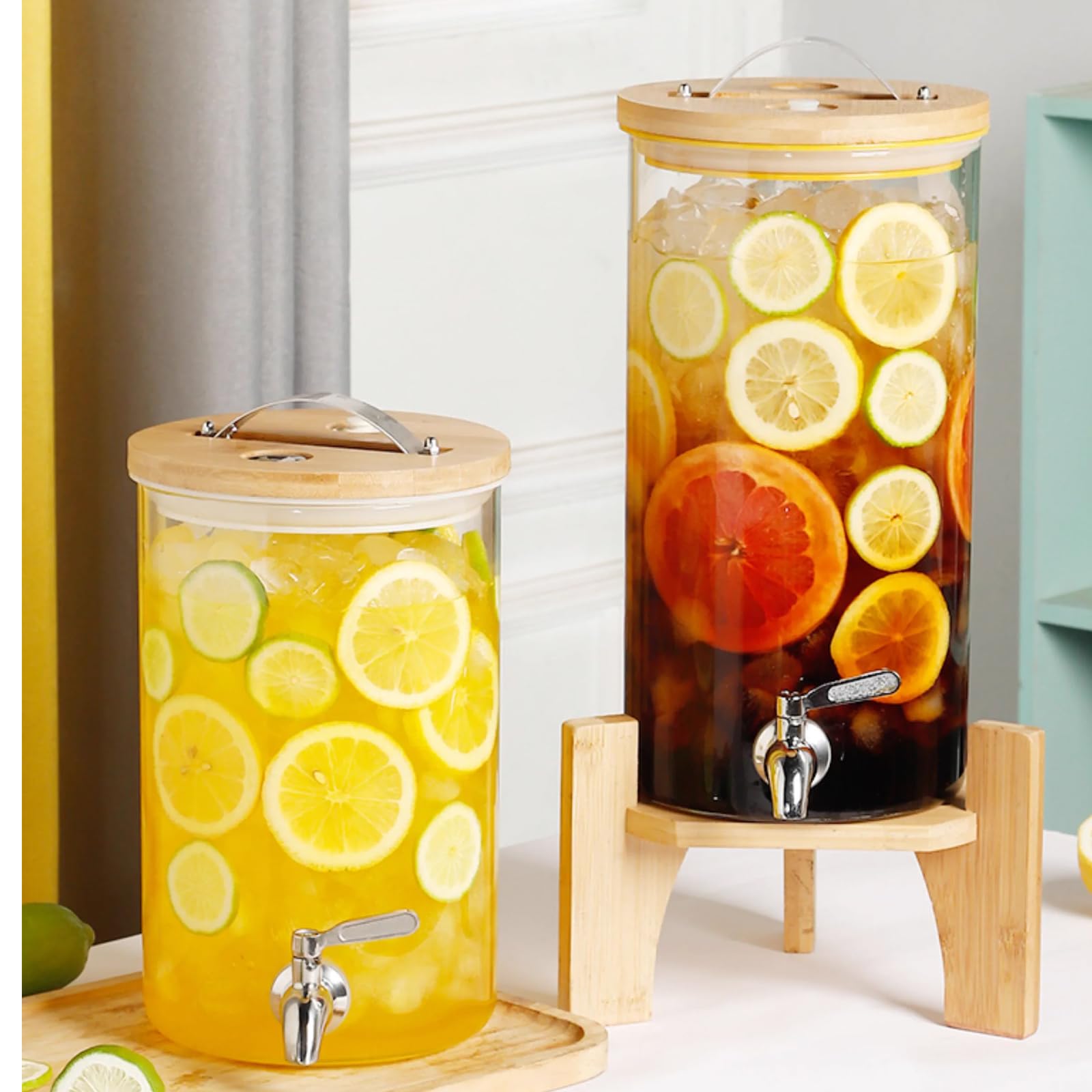 Distributeur De Boissons en Verre avec Support Et Couvercle, Infuseur à Fruits Et Cylindre à Glace 5 L, 7,5 L, 10 L, 15 L pour Boissons Chaudes Ou Froides, Eau Glacée,7.5L