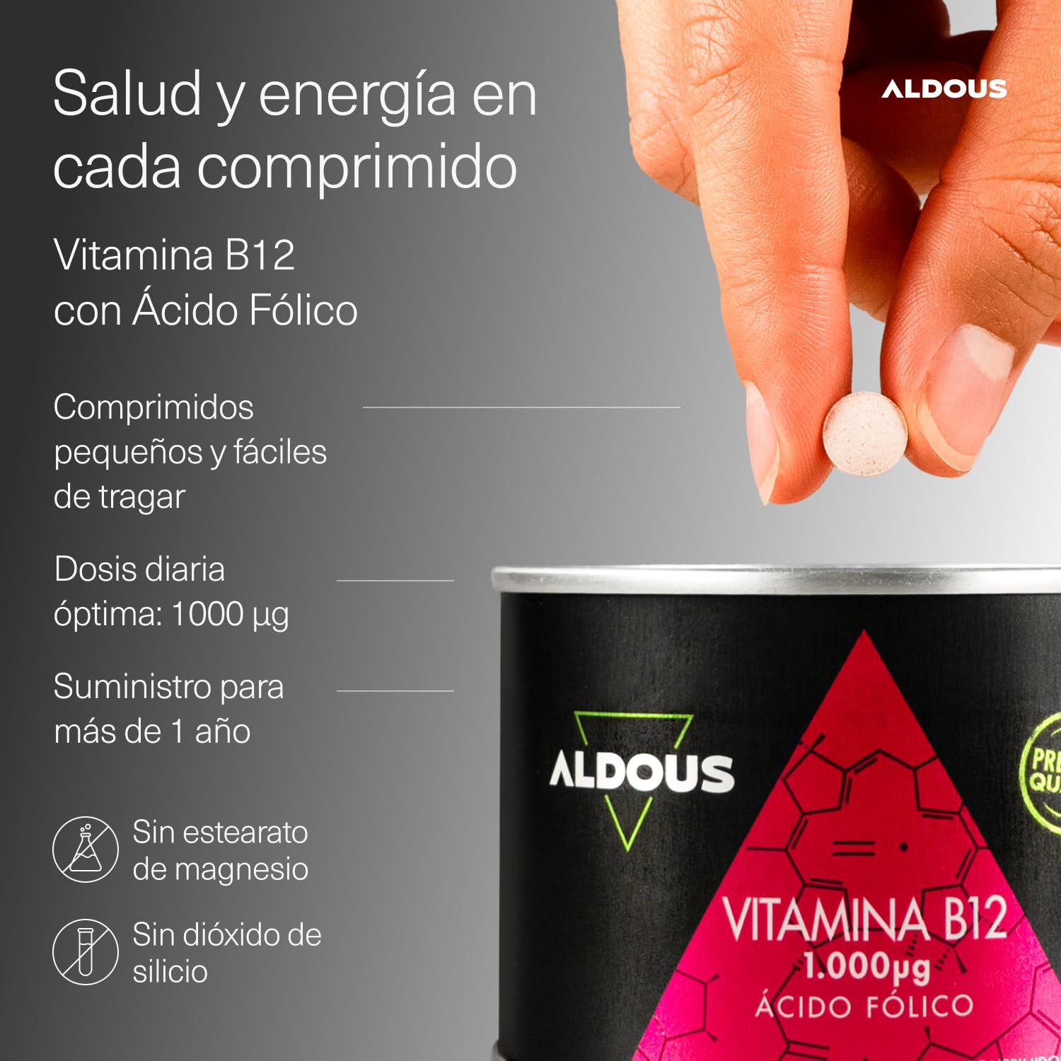 Vitamina B12 1000 mcg y Ácido Fólico 400 mcg - 400 comprimidos - Más de 1 Año - Metilcobalamina - Vitamina B12 Vegana + Vitamina B9 - para el Cansancio y Fatiga - Sistema inmunológico - ALDOUS