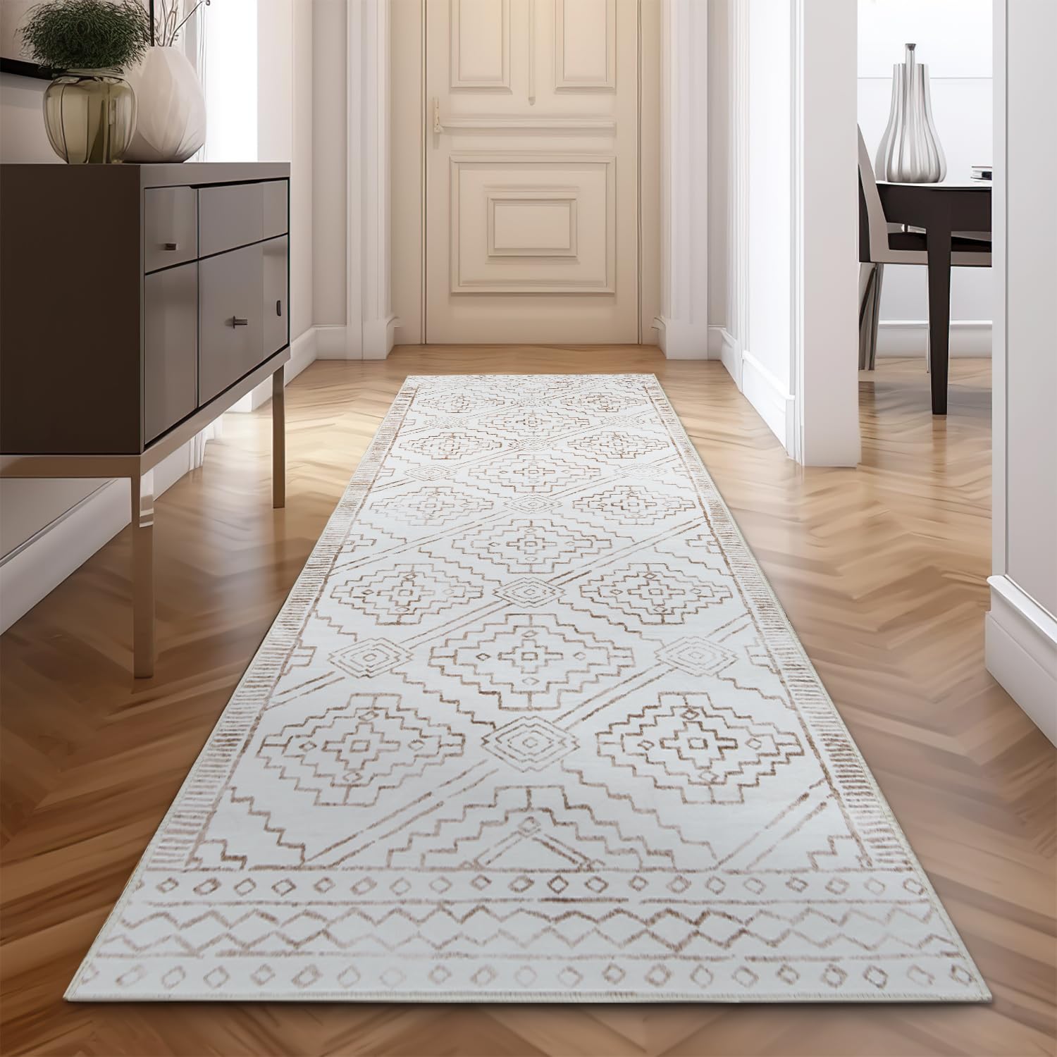 jinchan Hallway Runner Rug 3x8 - Moroccan Kitchen Machine Washable Runner Rug Modern Geometric Soft Faux Wool Ultra-Thin Low-Pile Non-Slip Carpet for