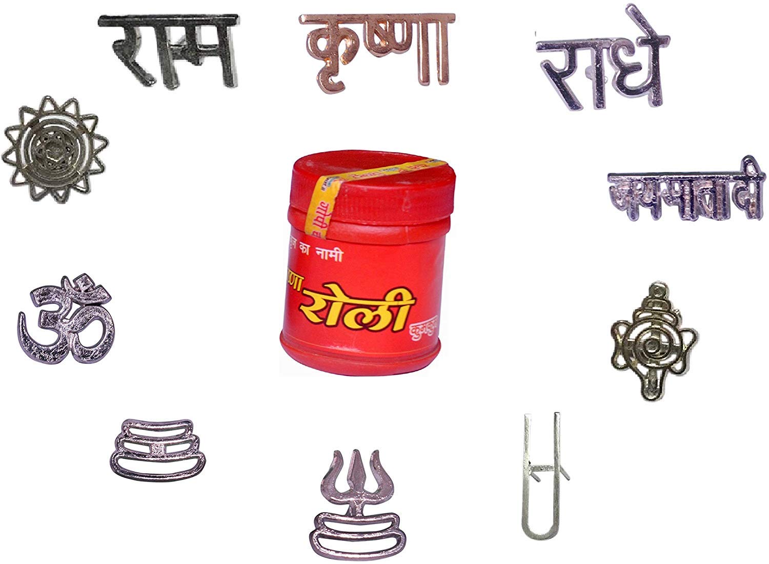 Radhika Poojan Bhandar Metal Tilak Stamps with Roli and Gopi Chandan Tika (Silver)
