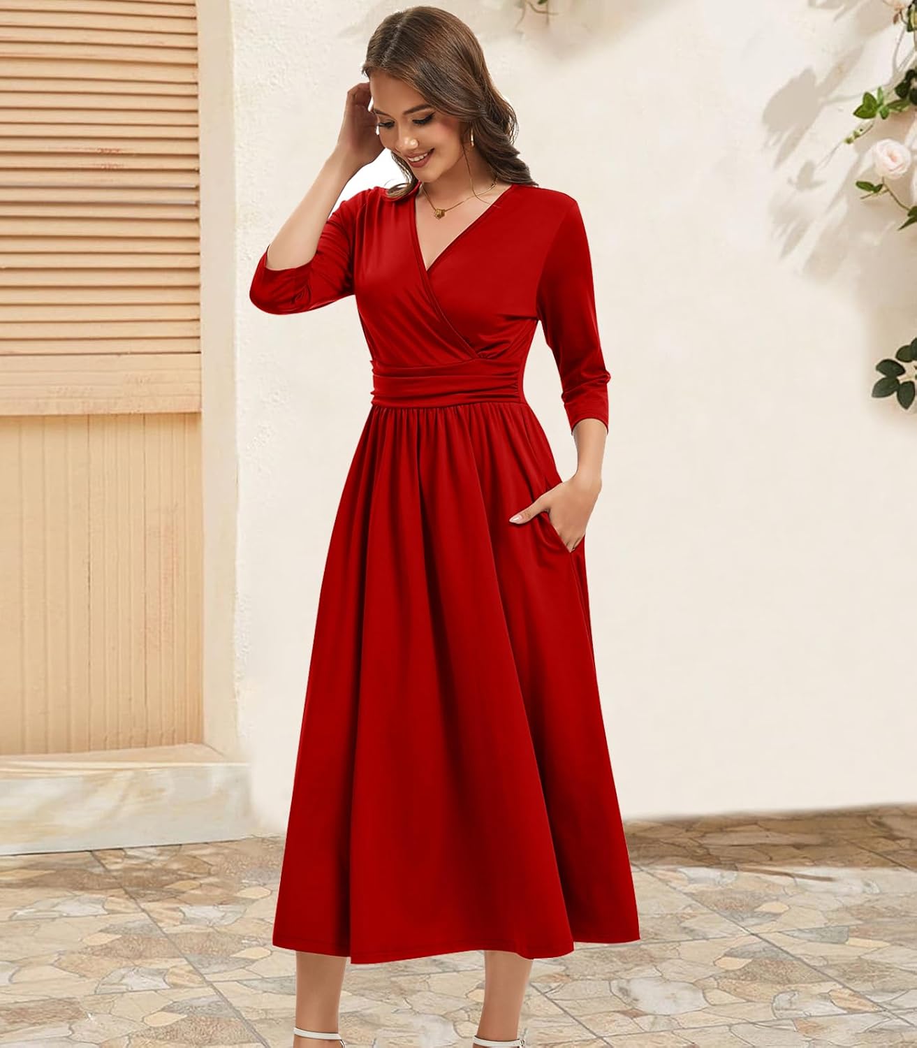 Church Dress for Women A-Line V Neck 3/4 Sleeve Everyday Cocktail Wedding Midi Casual Dresses with Pockets - Image 4