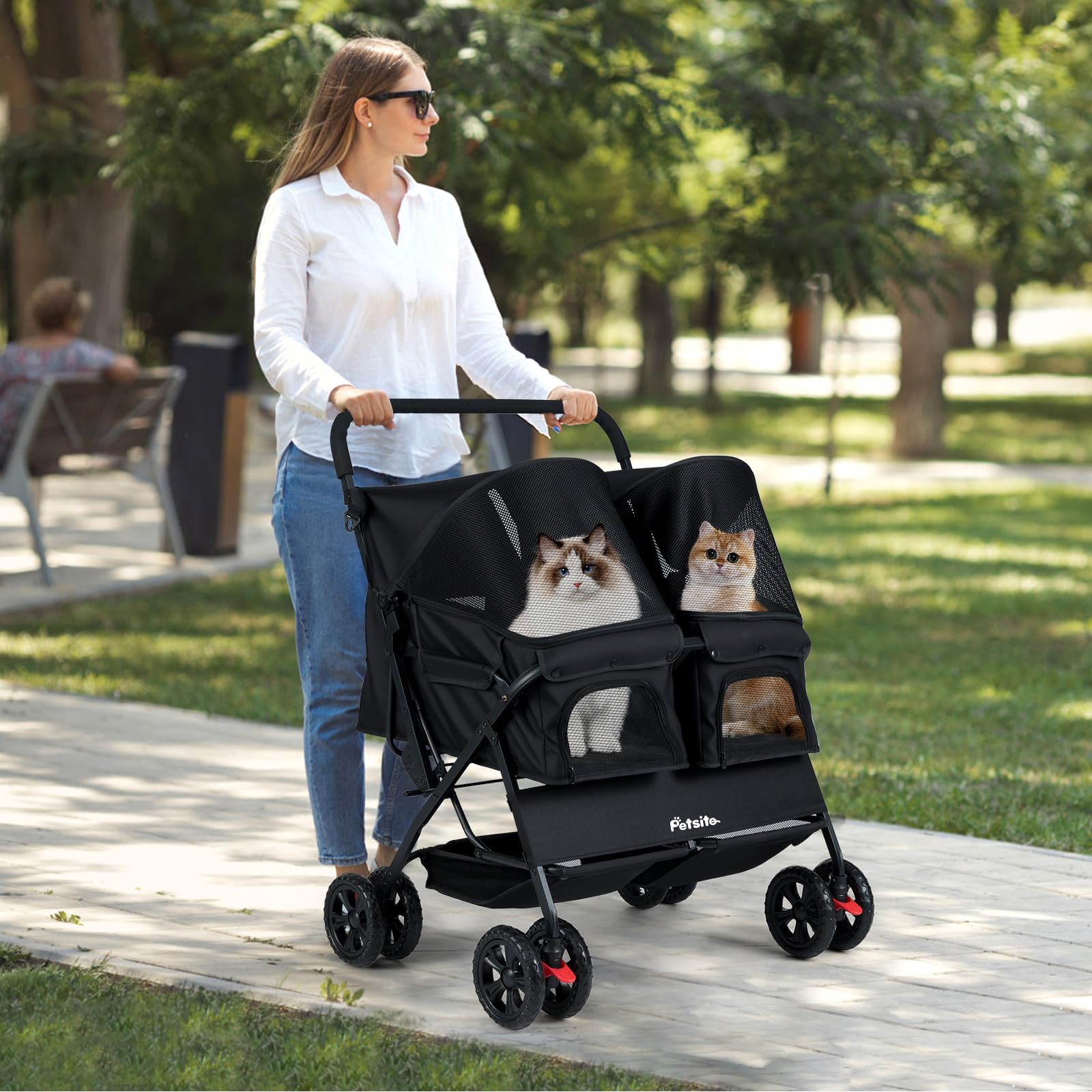 COSTWAY Carrito para Perros Doble, Cochecito Plegable para Perros con 2 Portabebés, Sombrilla Ajustable, Almohadilla Extraíble, Cinturón de Seguridad, Cesta, Carro Mascotas, Carga 12 kg uno (Negro)