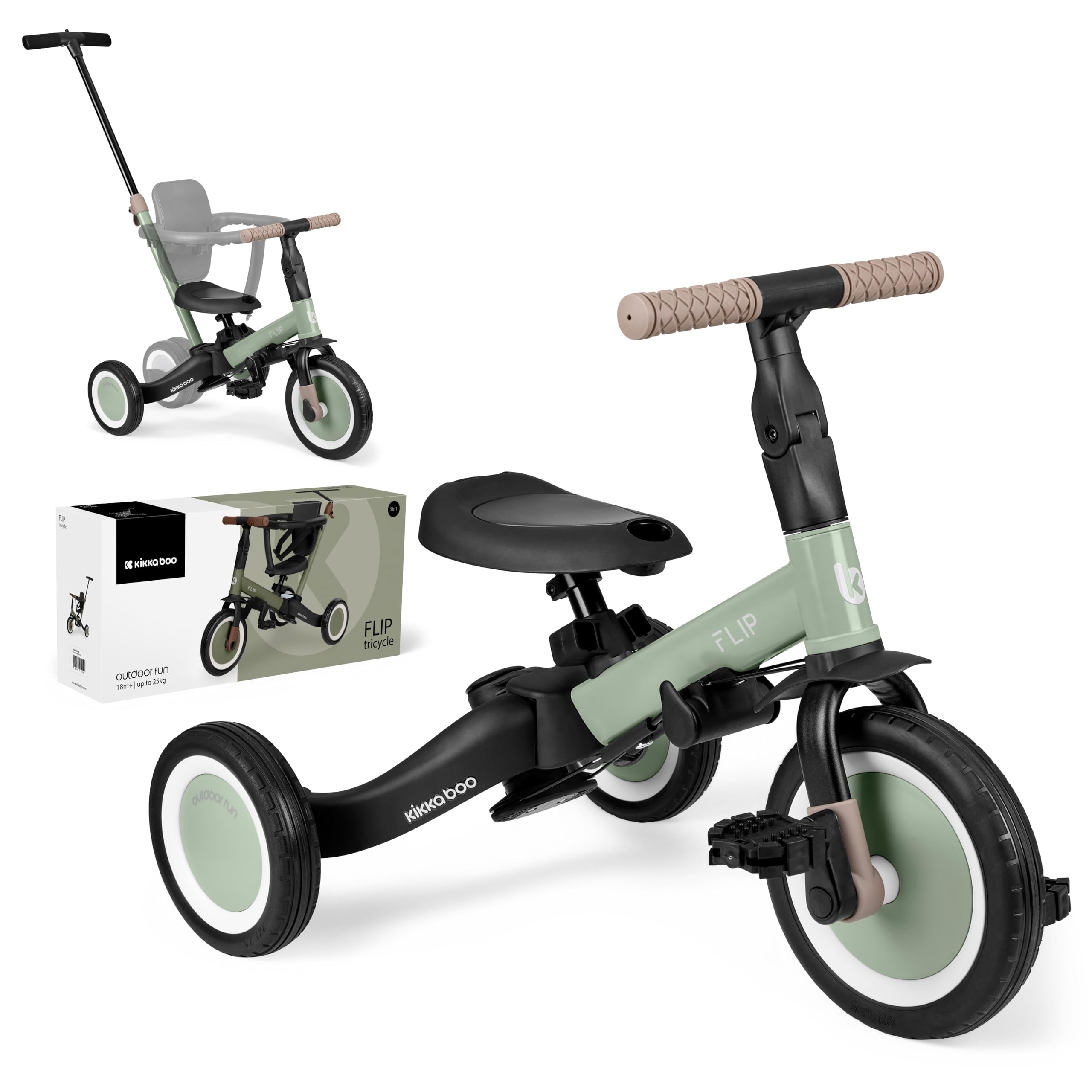 KikkaBoo Tricycle Bébé Évolutif 5 en 1 Flip, Vélo Enfant 1 à 5 Ans Convertible en Draisienne avec Siège et Guidon Réglables, Vert Militaire
