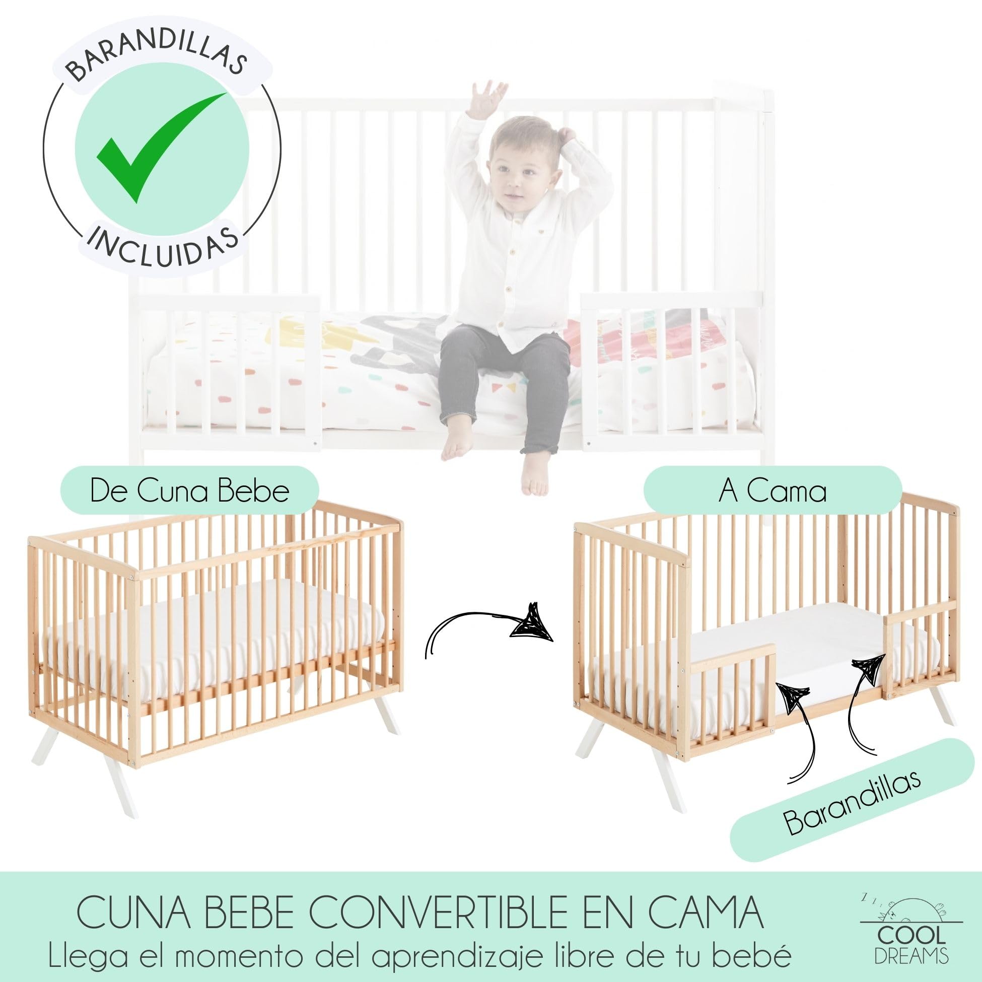 Cuna Colecho de Bebé Koala Estilo Nórdico Natural 120x60 cm, de Madera de Haya, con Colchón Morfeo y Barandillas Naturales CoolDreams