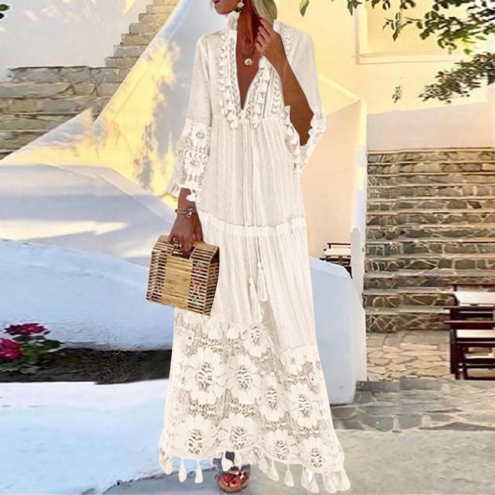 Vestido Mujer Bohemio Largo Verano Playa Fiesta Cordón Manga Larga Cuello en V Maxi Vestidos de Noche Banquete Cóctel