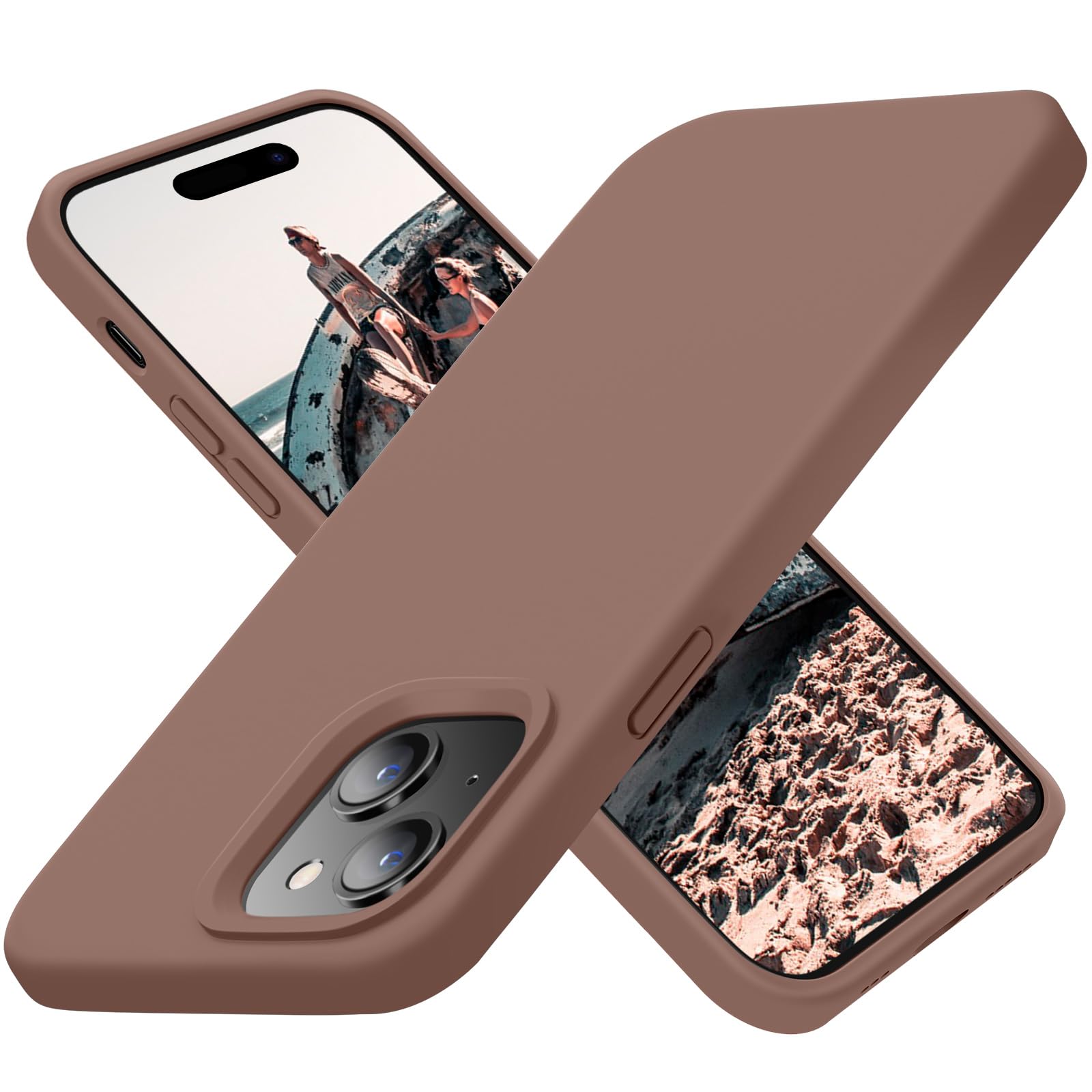 Cordking Designed for iPhone 15 Plus Case, Silicone Ultra Slim Shockproof Protective Phone Case with [Soft Anti-Scratch Microfiber Lining], 6.7 inch, Light Brown
