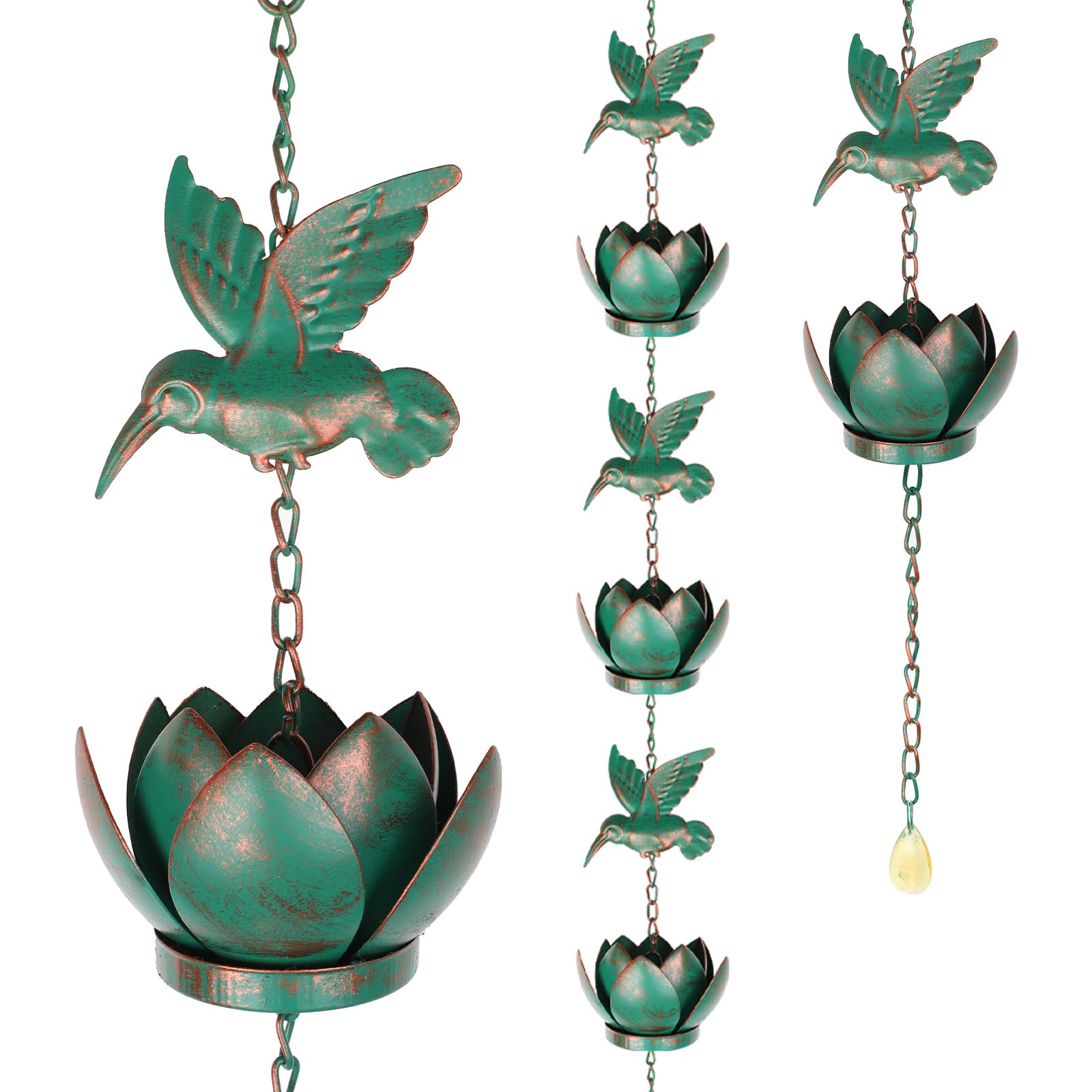 Tefola 2.4m Decorative Rain Chain for Gutters, Vintage Blue Metal Rain Catcher with 6 Hummingbirds & 6 Lotus Cups, Outdoor Rain Chime for Roof Drainage, Patio and Garden Decoration