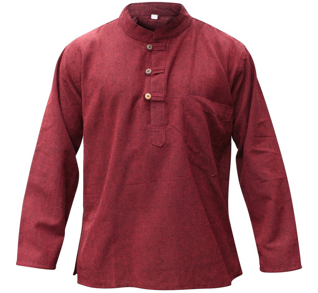 SHOPOHOLIC FASHION Plain Hemp Fabric Band Collar Hippy Grandad Shirts for Men, Maroon, 2XL
