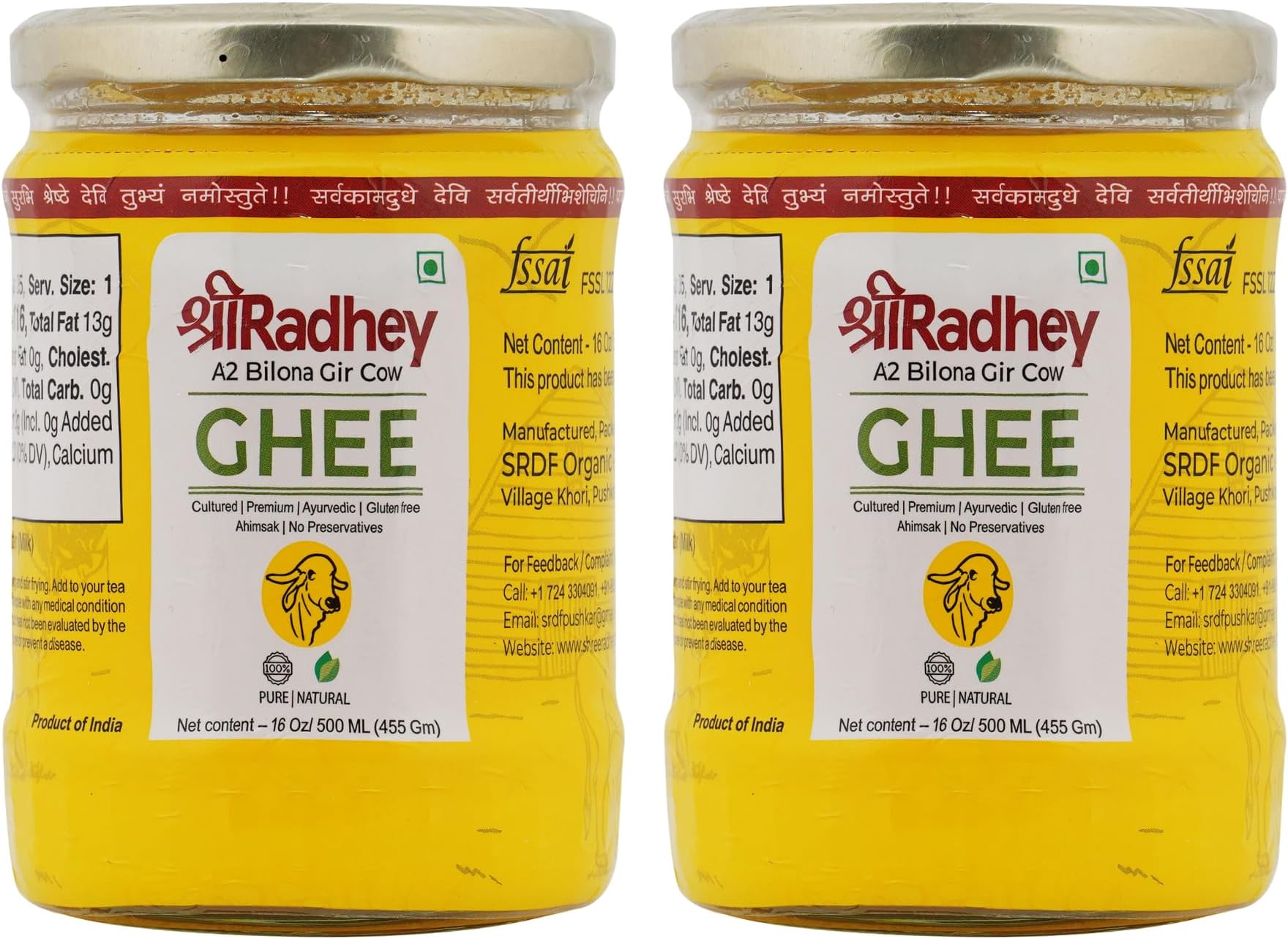 SHREE RADHEY A2 Bilona Gir Cow Ghee | 500 ML X 2 | Traditional Bilona Method | Cultured | Premium | Immunity Booster | Pure | Healthy | Fresh | Lactose and gluten free | Keto Friendly | Glass Bottle