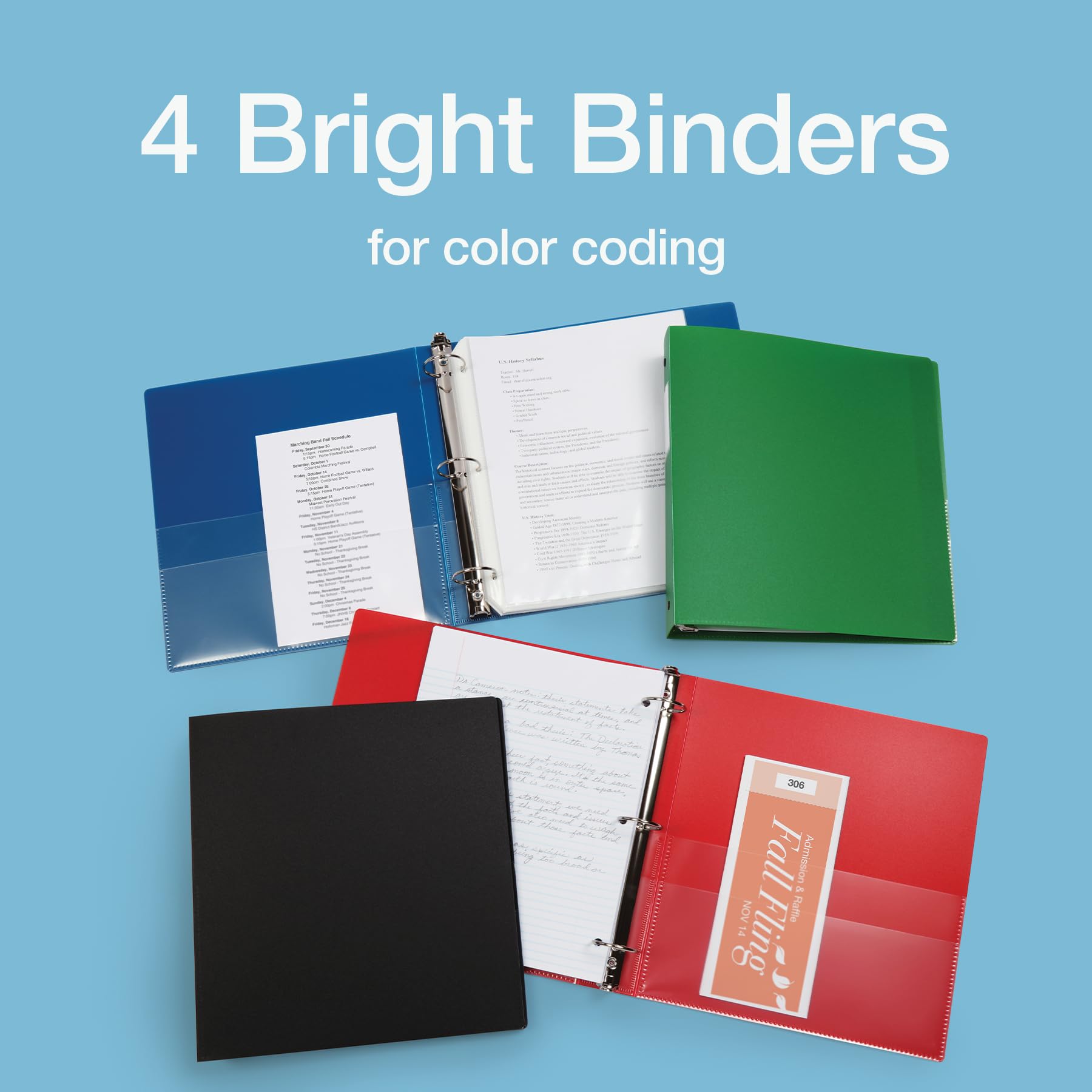 Oxford Lot de 4 classeurs flexibles pour l'école et le bureau, 4 poches transparentes, peut contenir jusqu'à 350 feuilles, classeur de 3,8 cm, 4 couleurs assorties : noir, vert, bleu et rouge