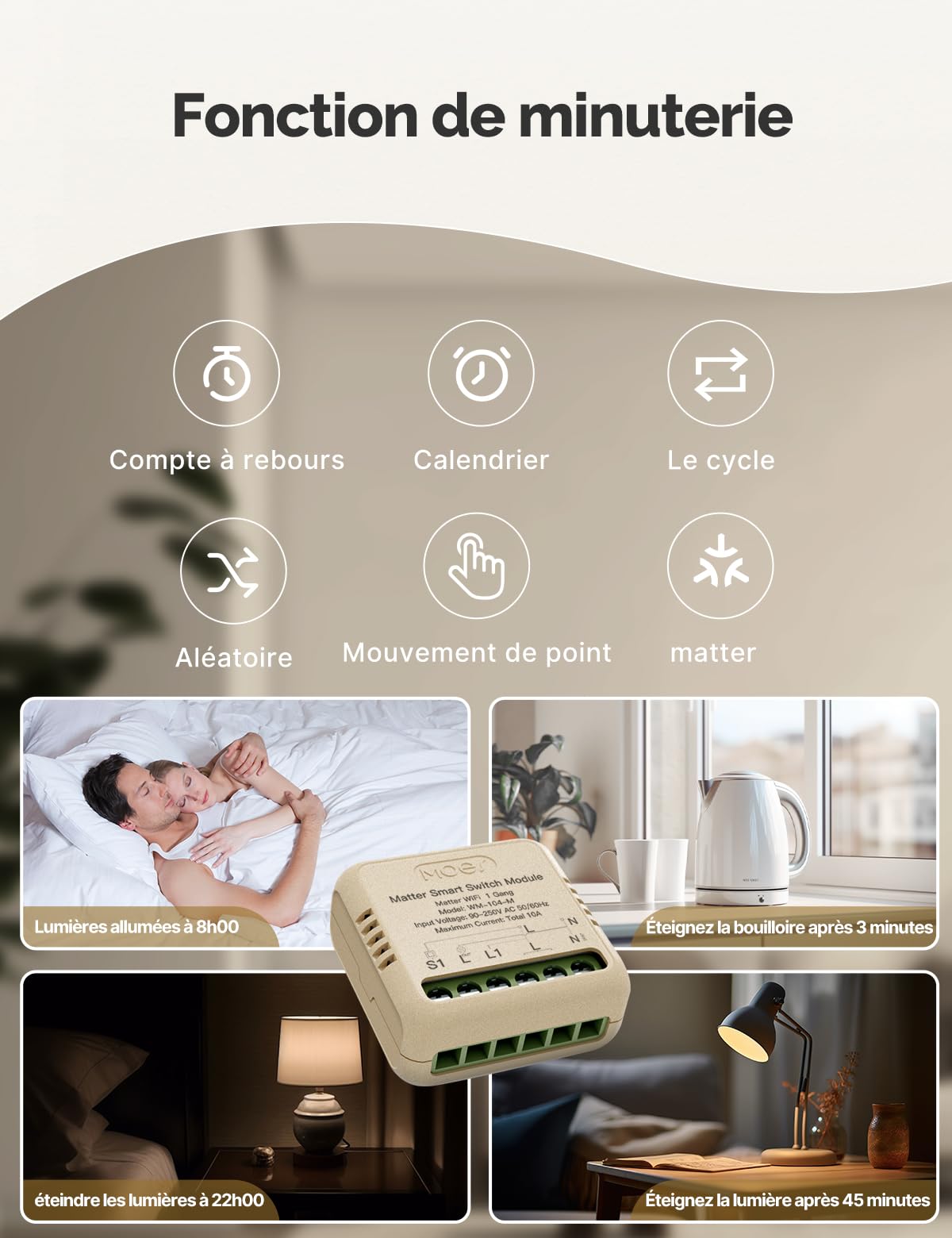 MOES Interrupteur Intelligent Matter WiFi Module DIY | Relais 10A, nécessite fil neutre, programmation allumage/extinction, compatible Alexa/Apple/Google