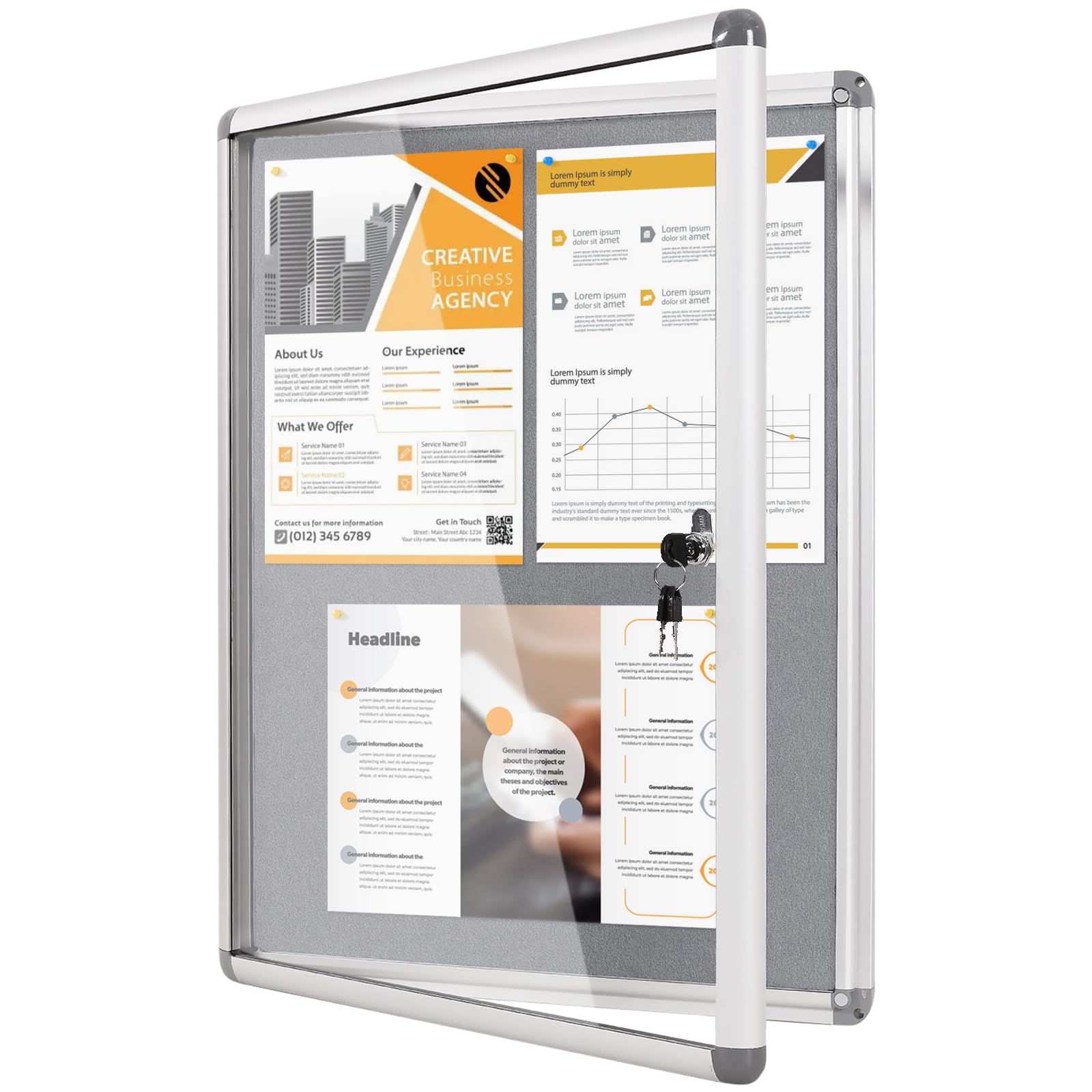 MAKELLO Lockable Notice Board 600x450mm, Temperproof Lockable Display Board for Office School Home Store Community Centre, Grey Felt, Aluminum Frame, 3xA4