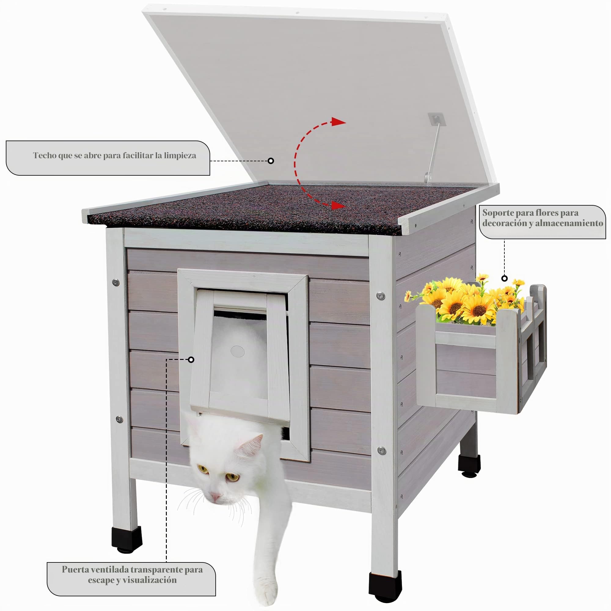 Casa para Gatos Exterior Madera con Puerta de Escape, Casa de Gatito Resistente a La Intemperie, Cabaña Mascotas Caseta Pequeña de Gatos con Ventana y Puerta