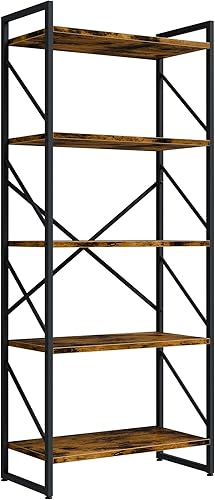 Miniatura 9 de Shintenchi Estantería de 5 niveles, estantería clásicamente alta, estante industrial para libros, moderno soporte para libros en dormitorio, sala de