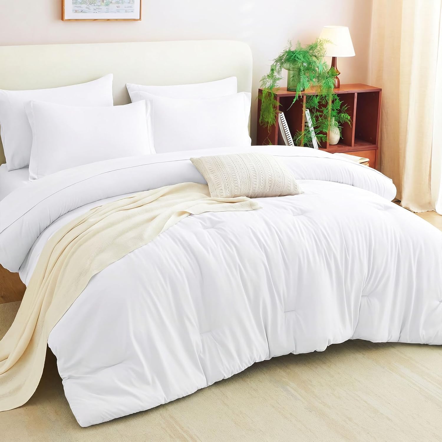 CozyLux Queen Comforter Set White, 7 Pieces Bed in a Bag Queen Comforter Set with Sheets, Luxury Soft Bedding Sets with Down Alternative Comforter, Fitted Sheet, Flat Sheet, Pillowcases & Shams