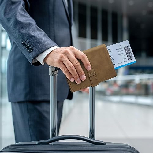 Vista 6 de Kattee Soporte para pasaporte de cuero genuino con bloqueo RFID, billetera de viaje plegable para hombres, Marrón, Vintage