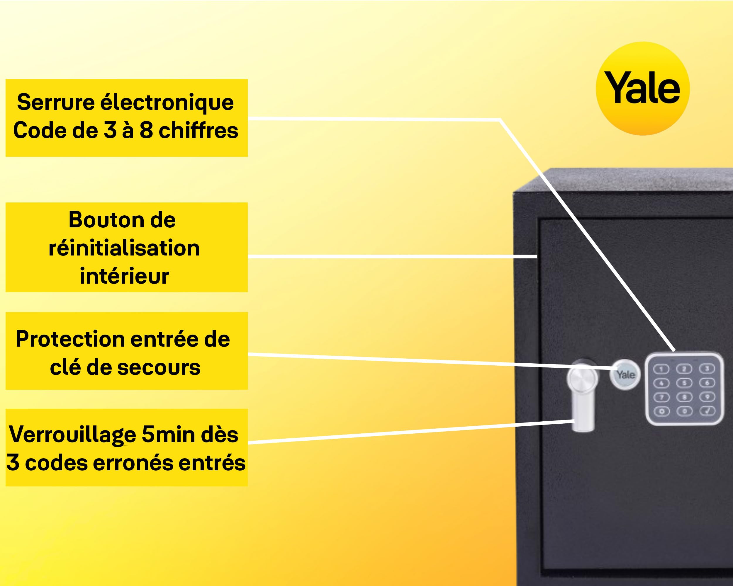 Yale Coffre-fort Électronique - Large 40L - Serrure 100 000 combinaisons, verrou électronique code 3 à 8 chiffres - dimensions 39x35x36cm YSV/390/DB2