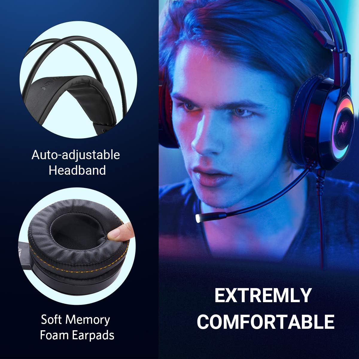 ABKONCORE CH60 Gaming Headset with True 7.1 Surround Sound for PC, PS4, Laptop, Bass Vibration, Noise Cancelling, Soft Earmuffs Headphones with Mic, LED Light, in-line Controller for FPS Games