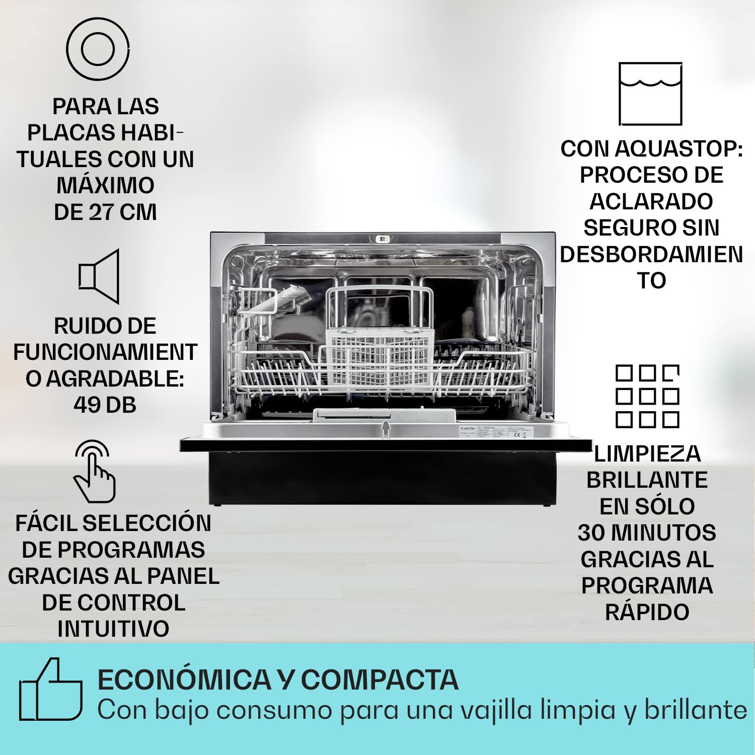 Klarstein Lavavajillas Pequeño Sobremesa, Mini Lavavajillas 6 Cubiertos, Lavavajillas Portatil de Sobremesa Silencioso 6 Programas, Lavavajillas Compacto de Mesa Sin Instalación Difícil para Casa