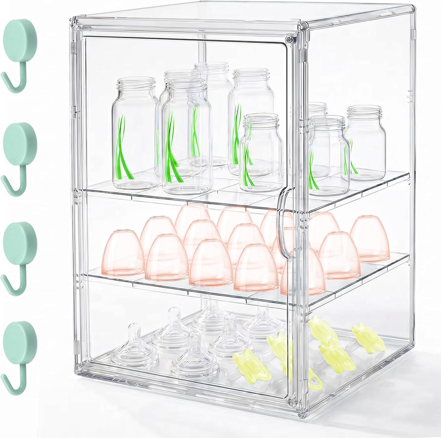 Baby Bottle Organizer, 3 Tier Bottle Storage Organizer Baby, Adjustable Clear Acrylic Bottles Storage Station with Magnetic Door and Hook for Pacifiers Pump Parts, Makeup & Bathroom Organizer