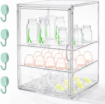 Baby Bottle Organizer, 3 Tier Bottle Storage Organizer Baby, Adjustable Clear Acrylic Bottles Storage Station with Magnetic Door and Hook for Pacifiers Pump Parts, Makeup & Bathroom Organizer