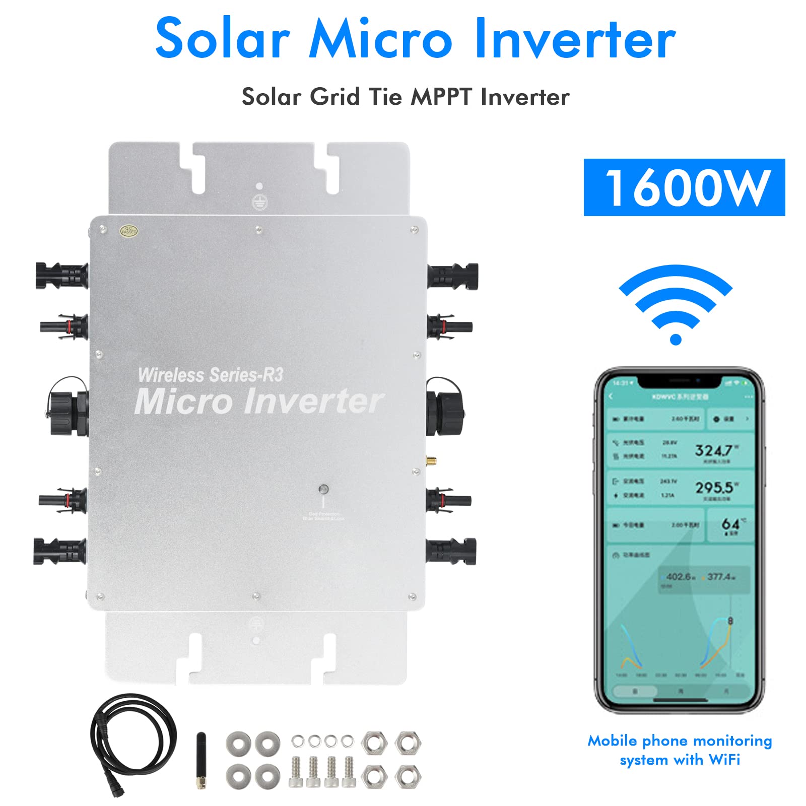 Microinverter Fotovoltaico In Rete,Jadeshay Solar Micro Inverter 1600W Grid Tie Inverter MPPT inverter fotovoltaico, con sistema di monitoraggio Wi-Fi, per pannello solare fotovoltaico