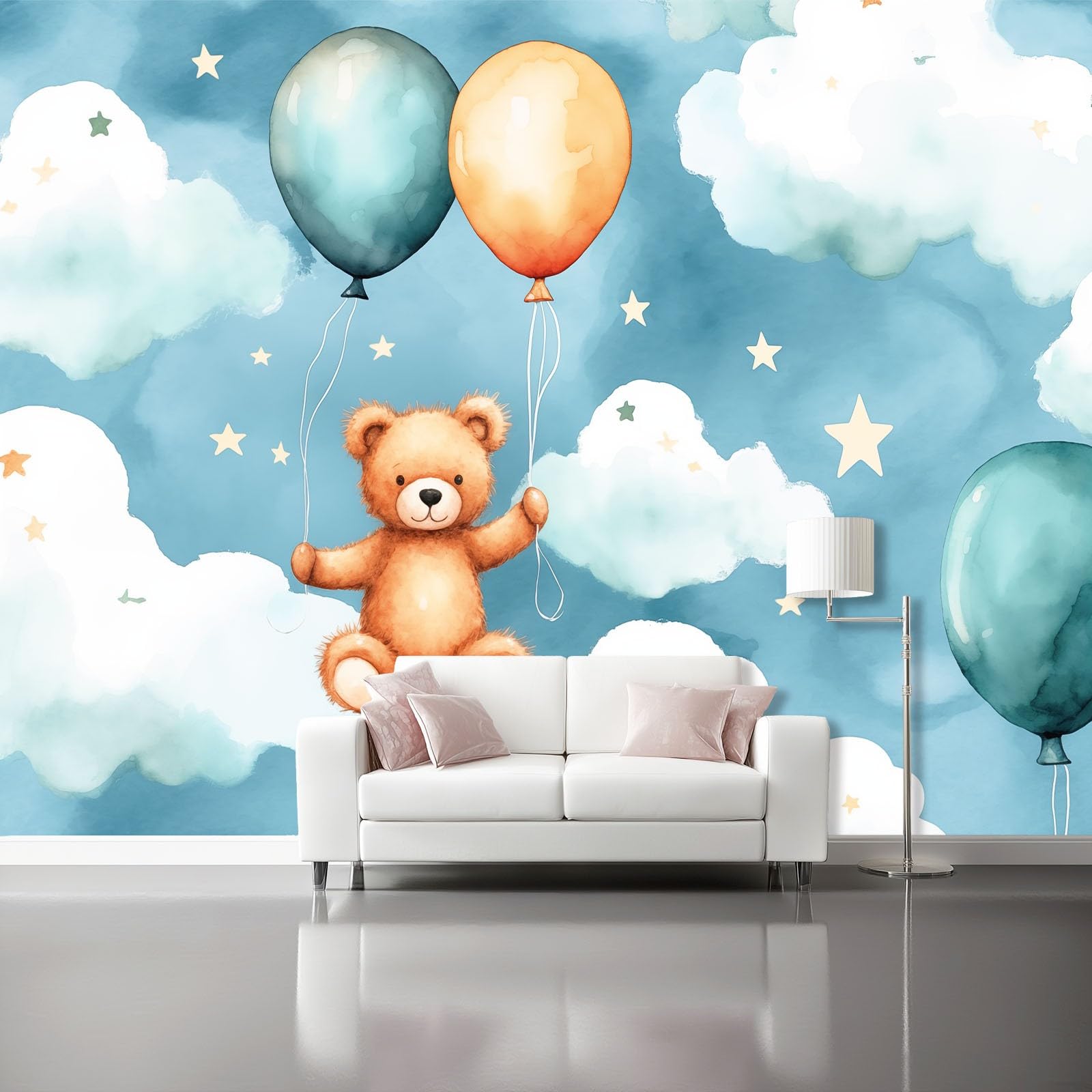 Panoramiczna tapeta 400 x 280 cm, akwarela kreskówka balon pluszowy miś salon sypialnia dekoracja domu - tapeta z włókniny 3D szary niebieski