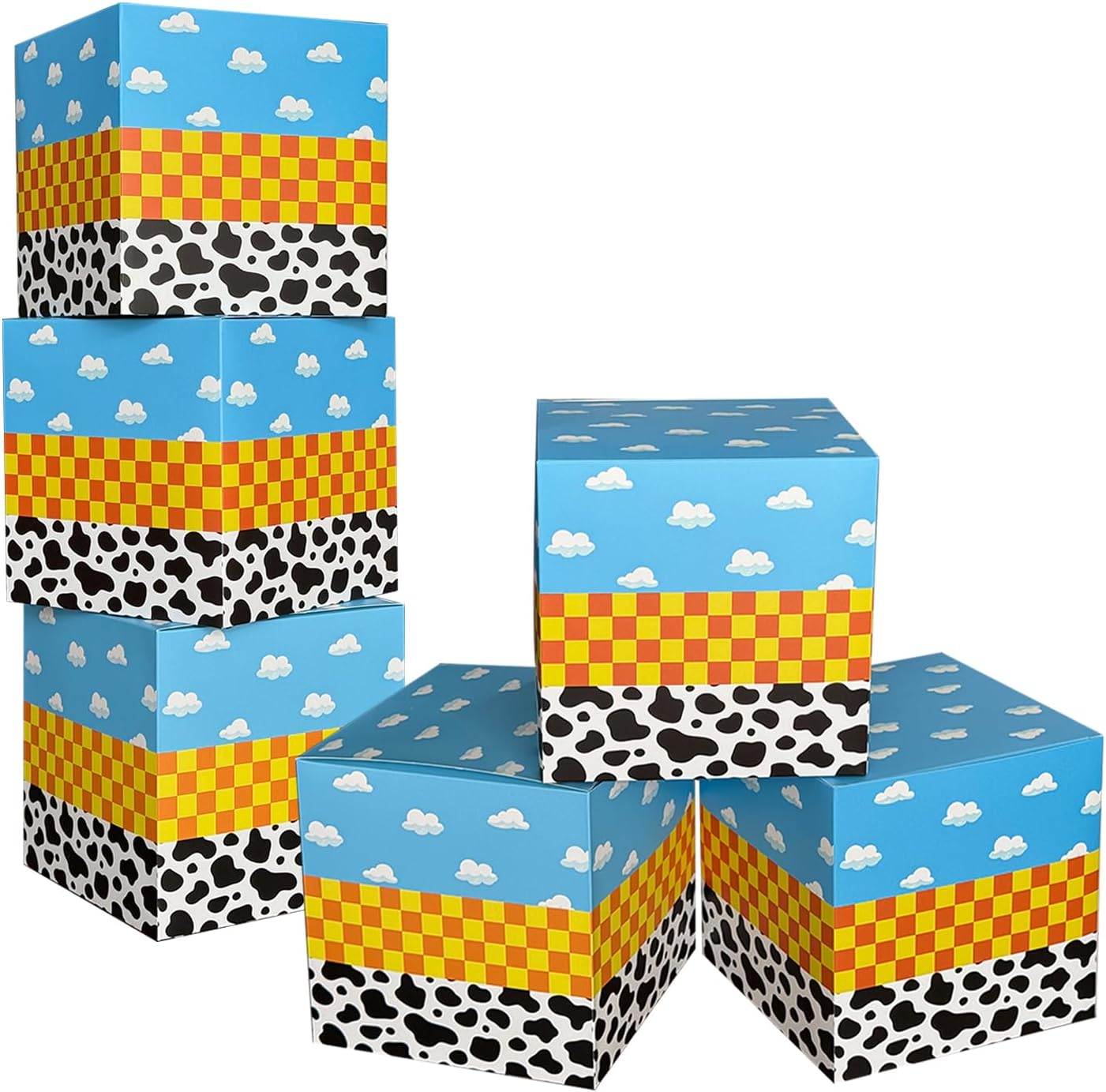 6 Pack Cartoon Theme Birthday Party Boxes, 7.5 Inch Blue Sky White Clouds Centerpieces Boxes for Toy Theme Party Decorations Supplies Favors