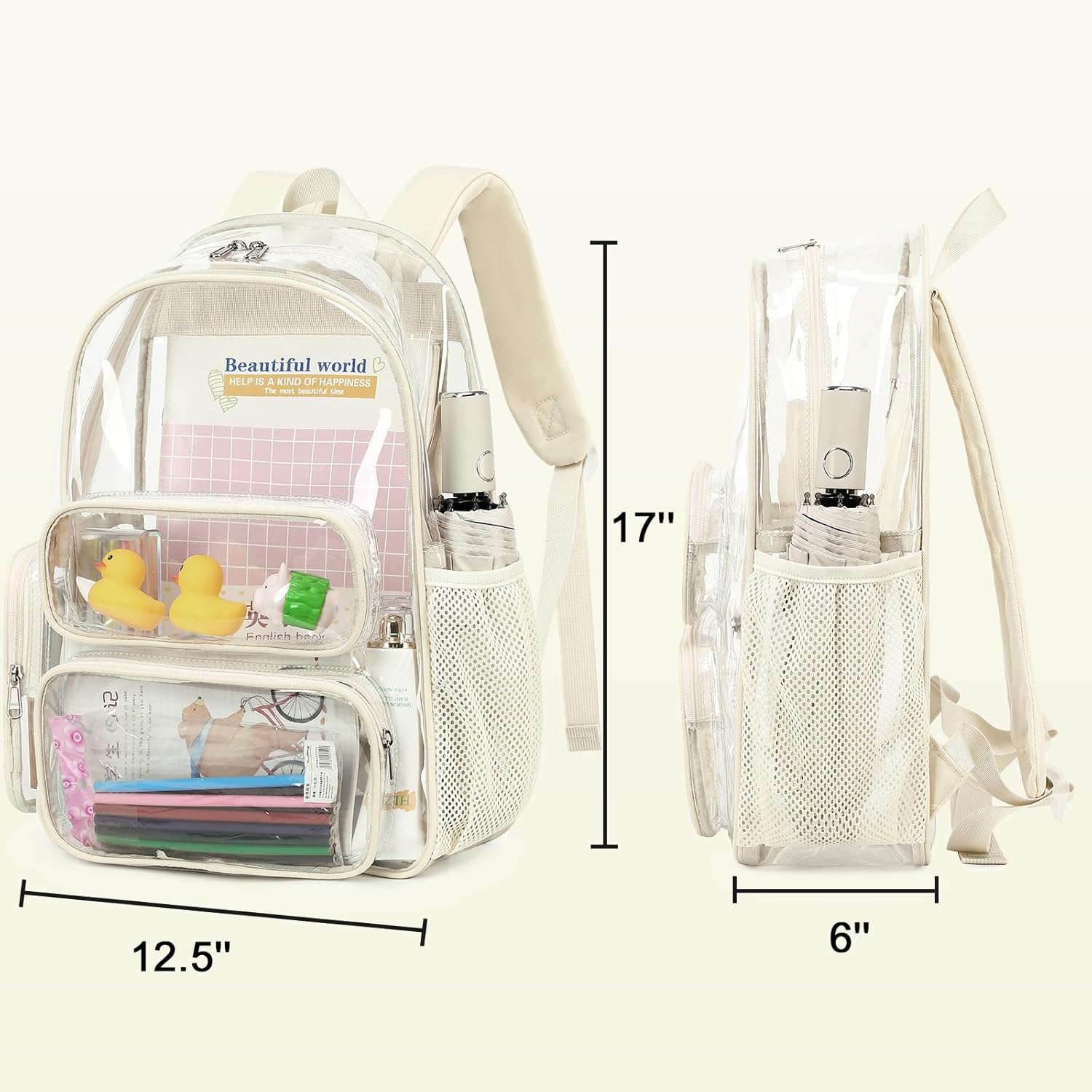 CAMTOP Clear Backpack Heavy Duty Transparent Bag for Stadium Events See Through BookBag for Student School Work Festival Sport Travel (Beige) - Image 3