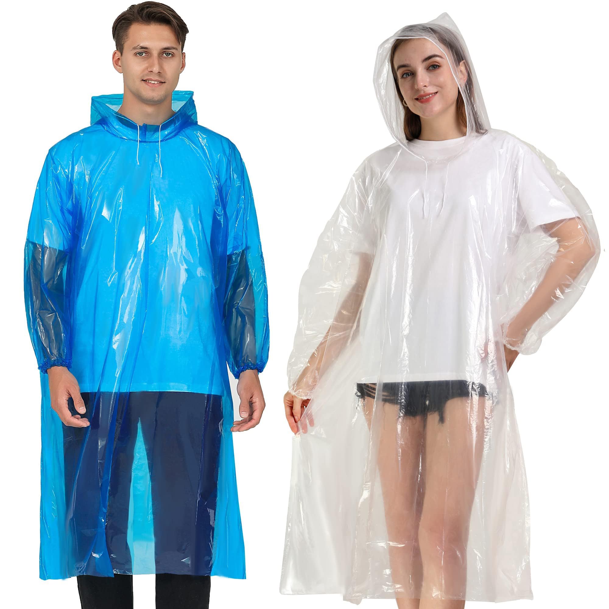 Disposable Rain Ponchos for Adults, Clear Poncho with Hood, Emergency raincoats for Hiking, Camping, Travel