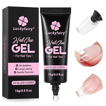 Luckyfairy Gel Nail Glue for Nail Tips, Soft Solid Nail Glue, Cured Needed, 15ml Soak Off Adhesive Bonding for Clear Acrylic Nails Fake Nails Extension, Not for Press-on